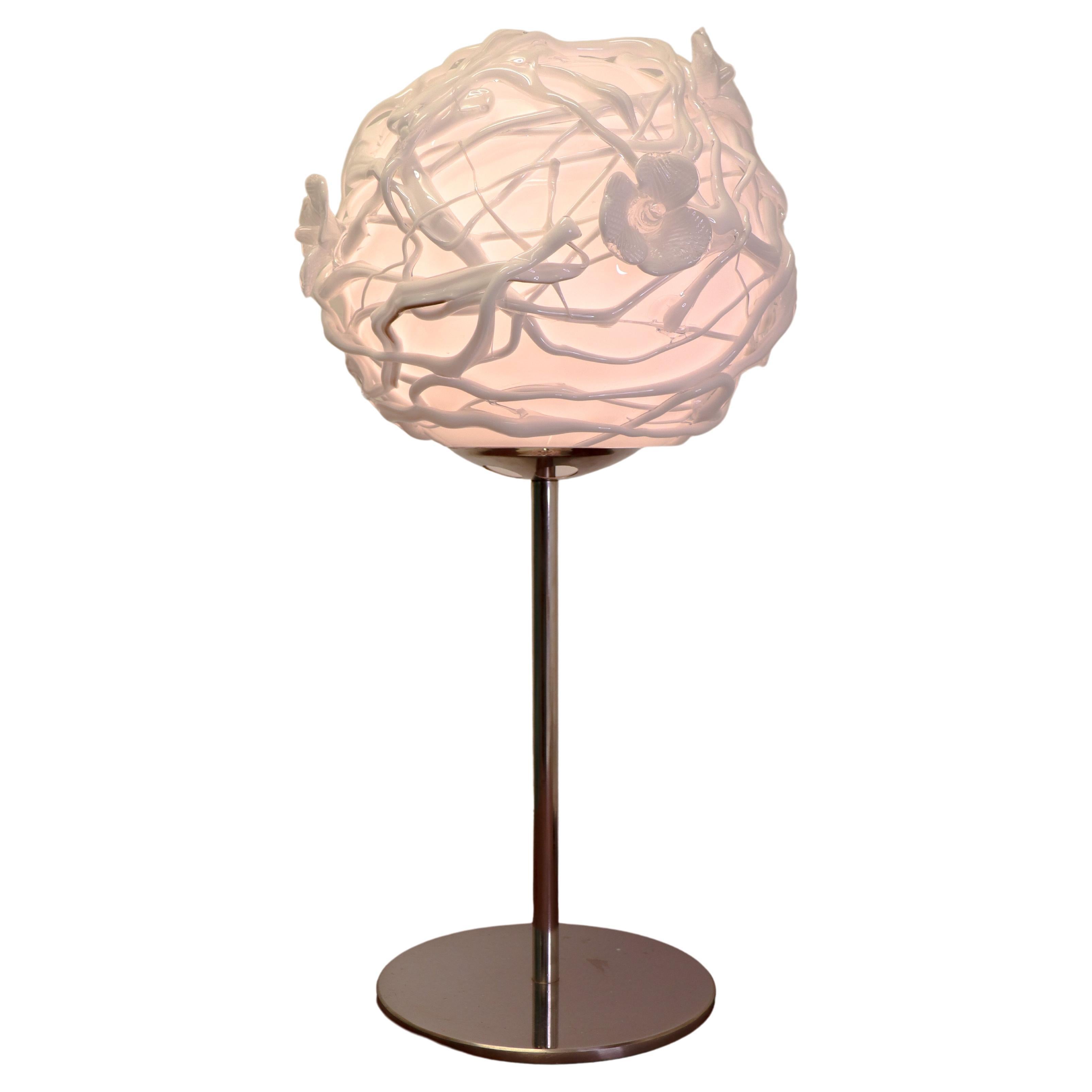Large Unique White Table Lamp - Art Glass with Flowers - Eva Darpö
