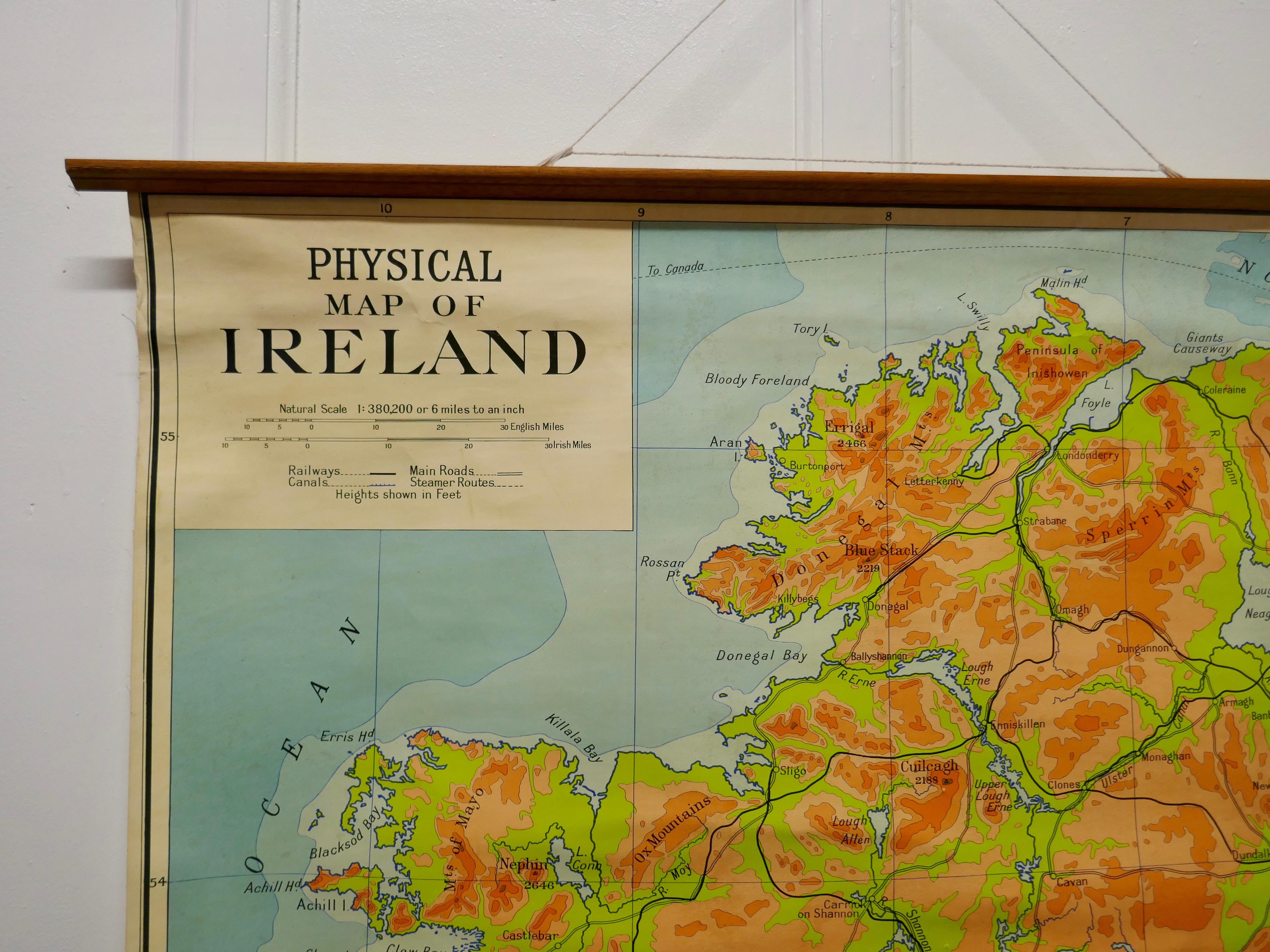 Large University Chart “Physical Map of Ireland” by Bacon

W&A K Johnston’s Charts of Physical Maps By G W Bacon,

This is colorful Physical map of Ireland, it is large lithograph set on Linen mounted on wooden rods, the chart is in very good