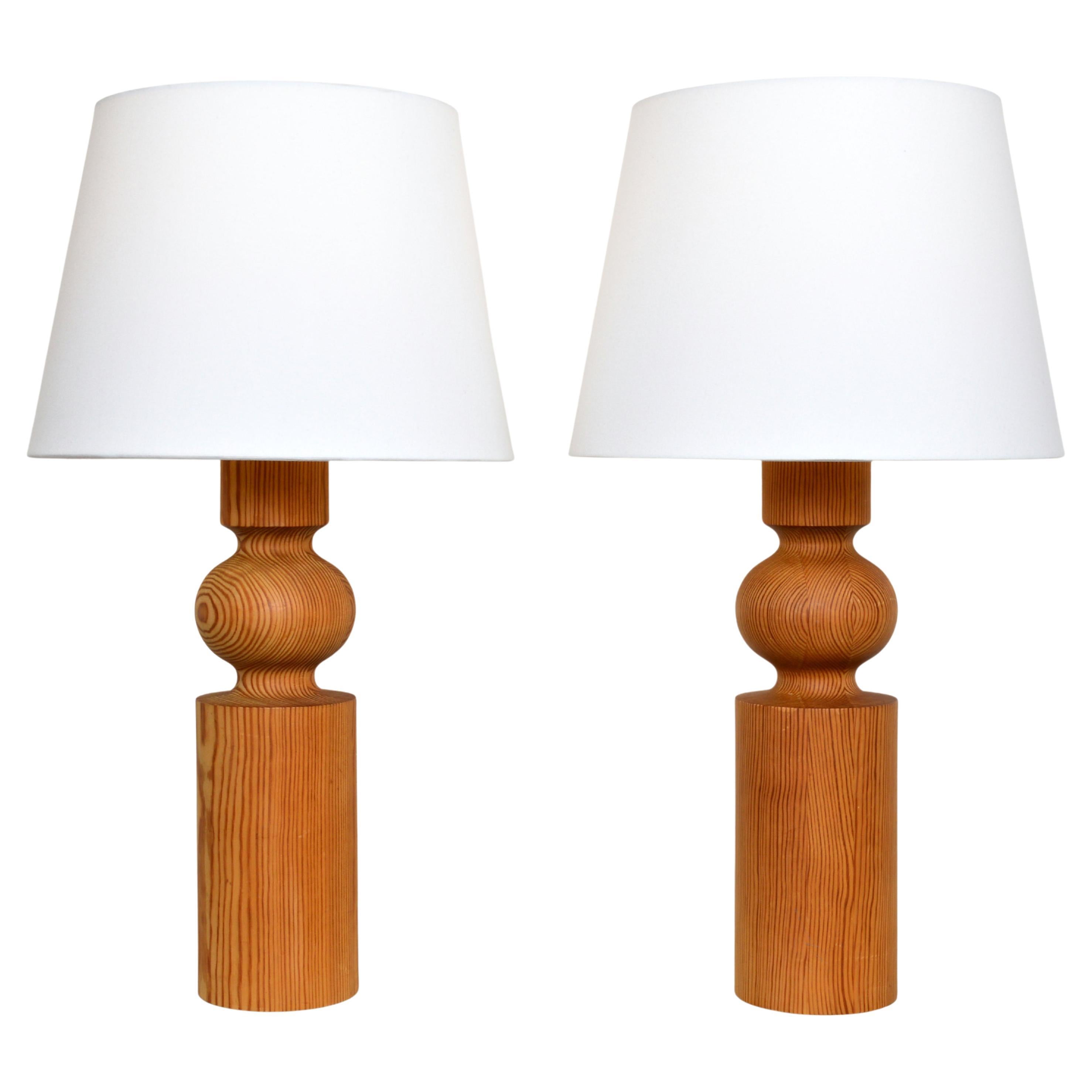 Large Uno Kristiansson Table Lamps, Turned Solid Pine, Luxus Sweden, 1960s in vendita