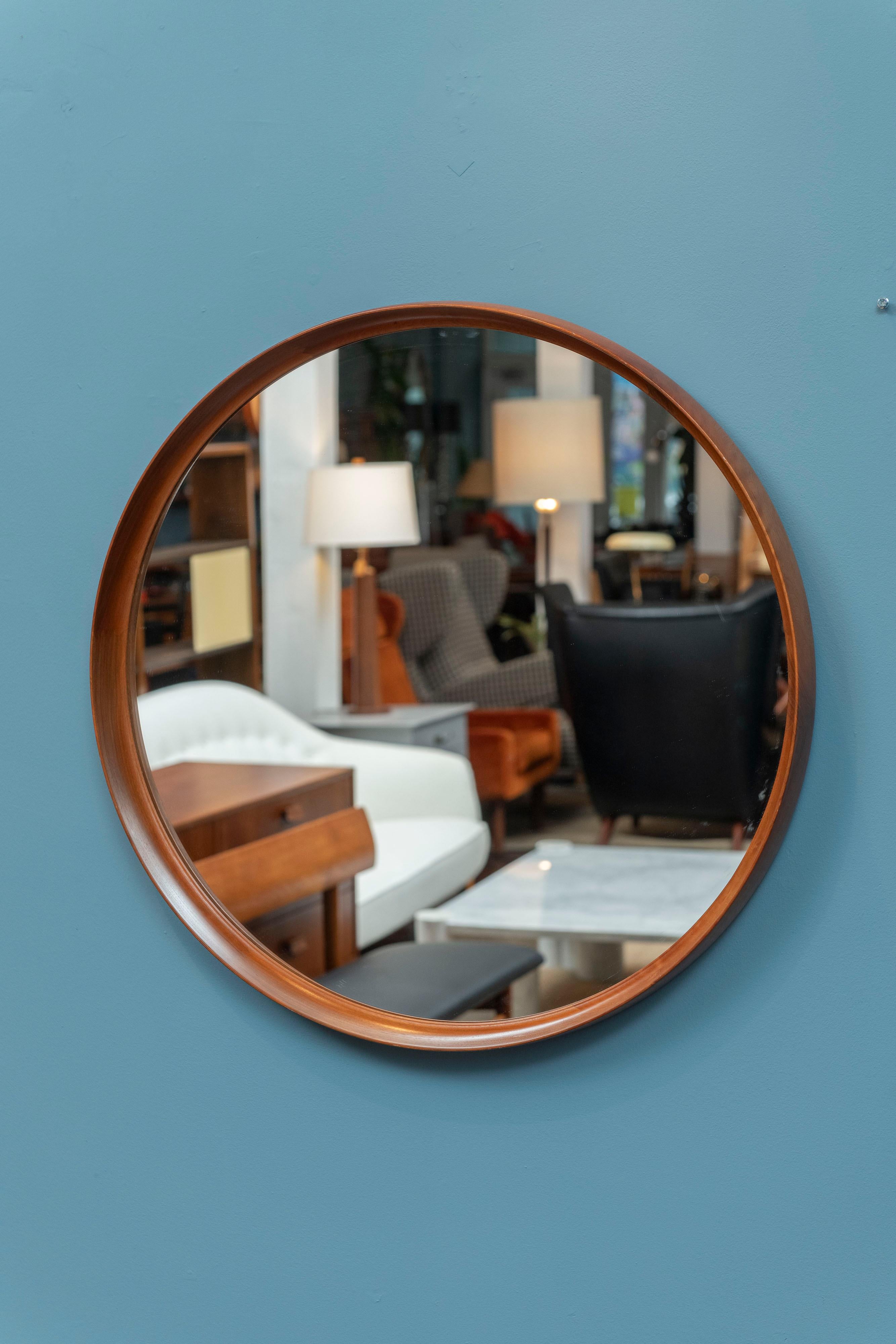 Large Uno & Östen Kristiansson Wall Mirror Luxus Vittsjö Sweden. High quality construction and materials comprising a solid sculpted teak with detailed joinery frame and original mirror plate. Impressive and largest model of this mirror that retains
