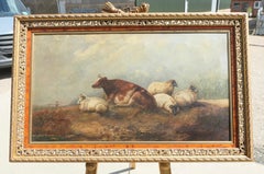 Large Unsigned Victorian Oil Painting, of a Cow and Sheep