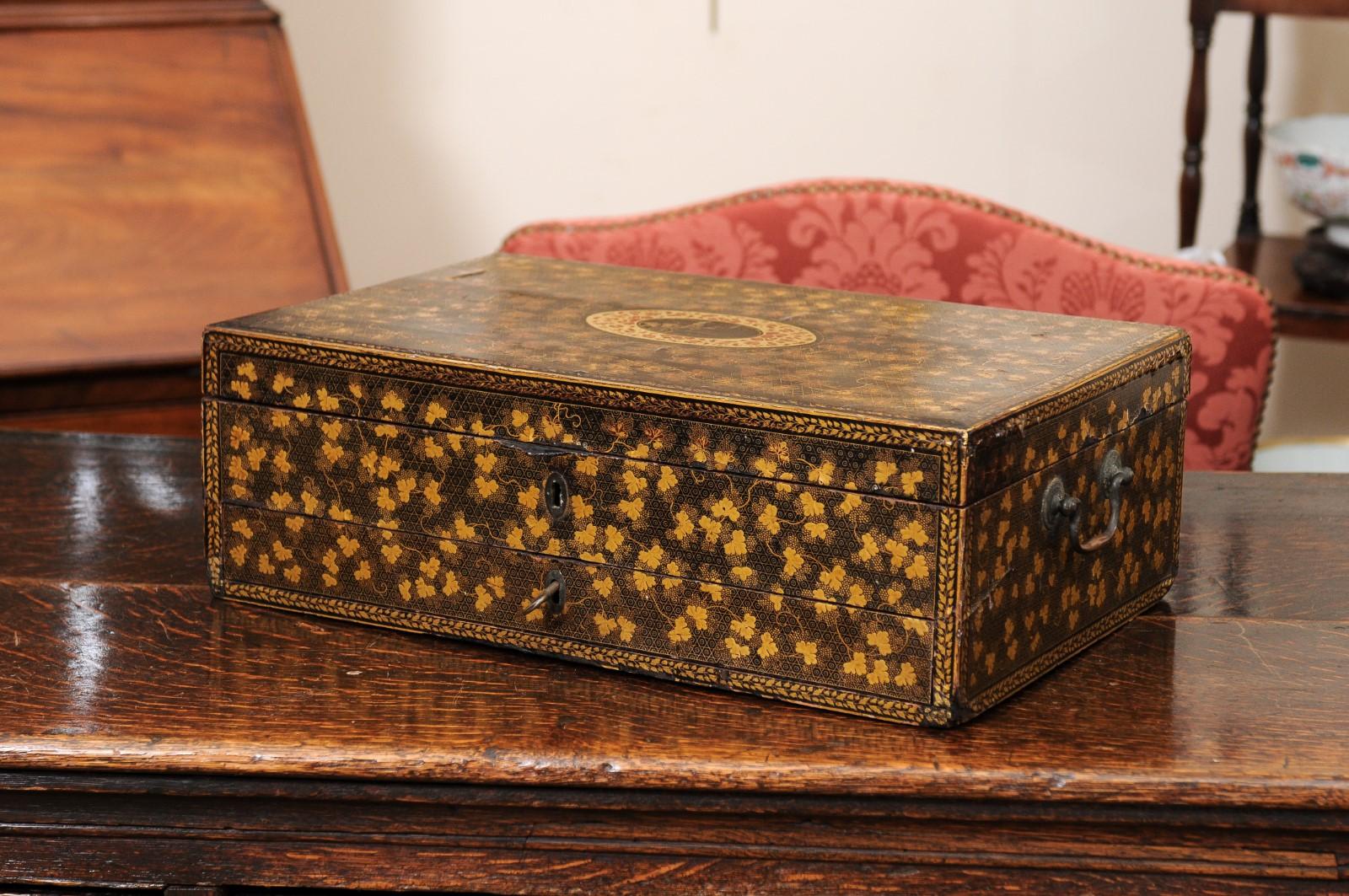 Large & Unusual 19th Century Chinese Export Gilt & Black Lacquered Work Box 12
