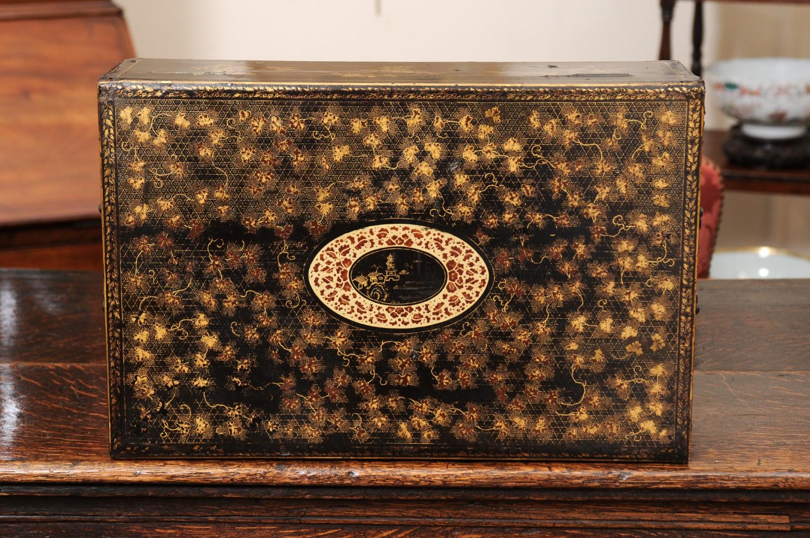 Large & Unusual 19th Century Chinese Export Gilt & Black Lacquered Work Box 13