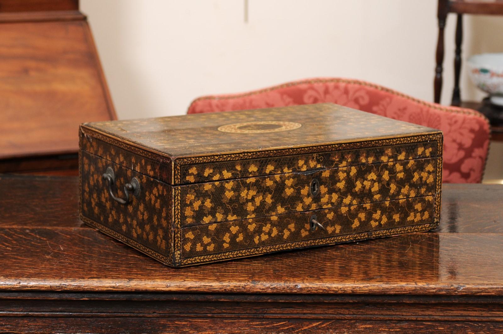 Wood Large & Unusual 19th Century Chinese Export Gilt & Black Lacquered Work Box