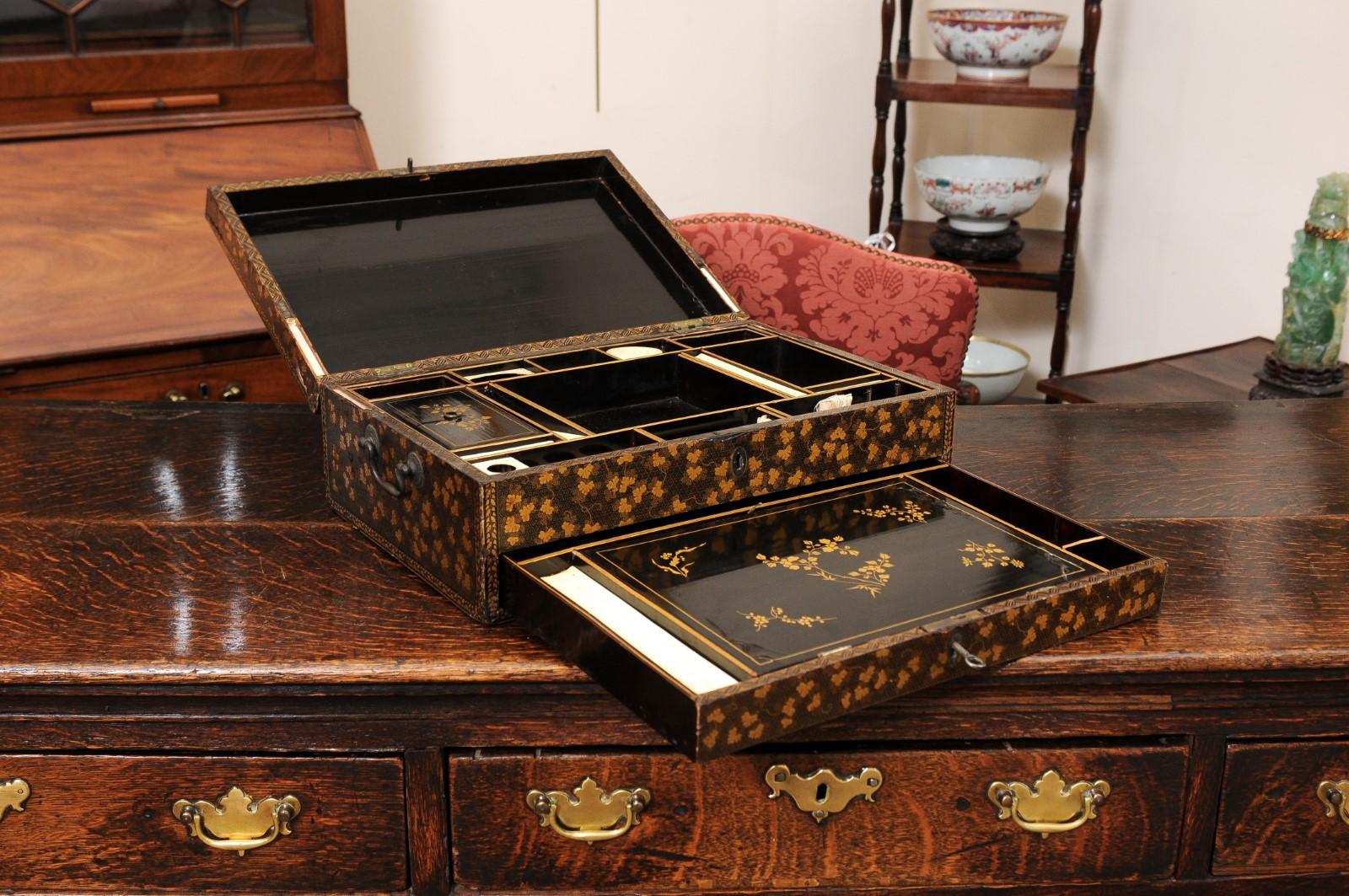 Large & Unusual 19th Century Chinese Export Gilt & Black Lacquered Work Box 2