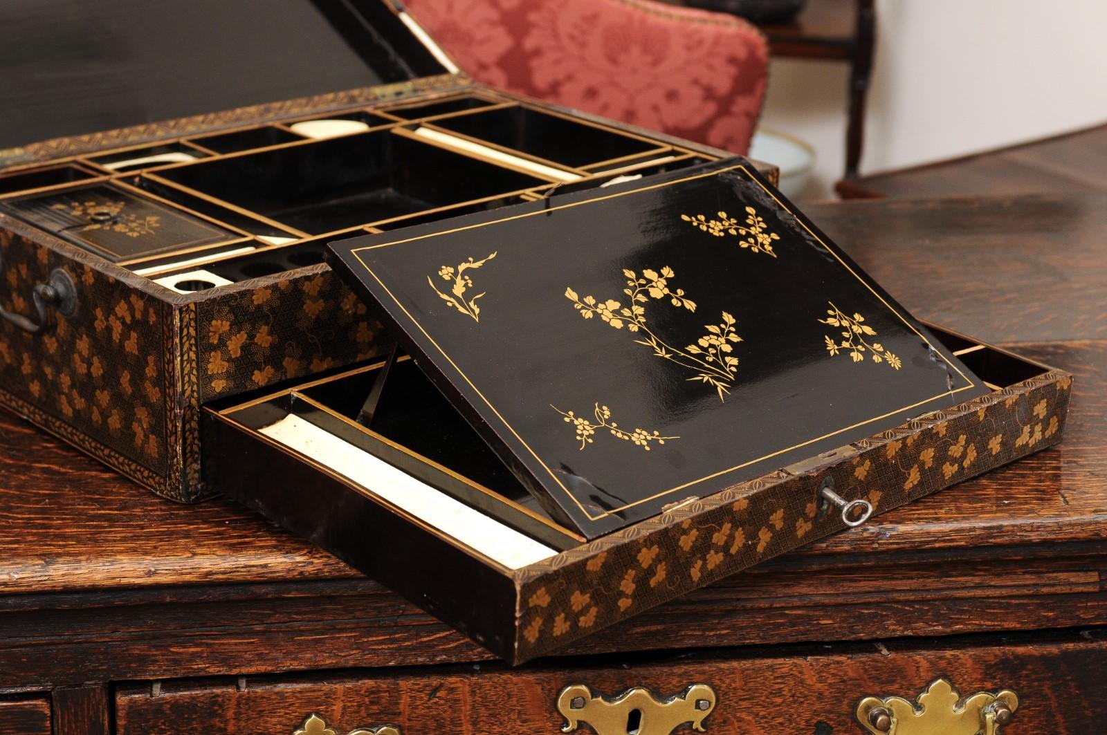 Large & Unusual 19th Century Chinese Export Gilt & Black Lacquered Work Box 4
