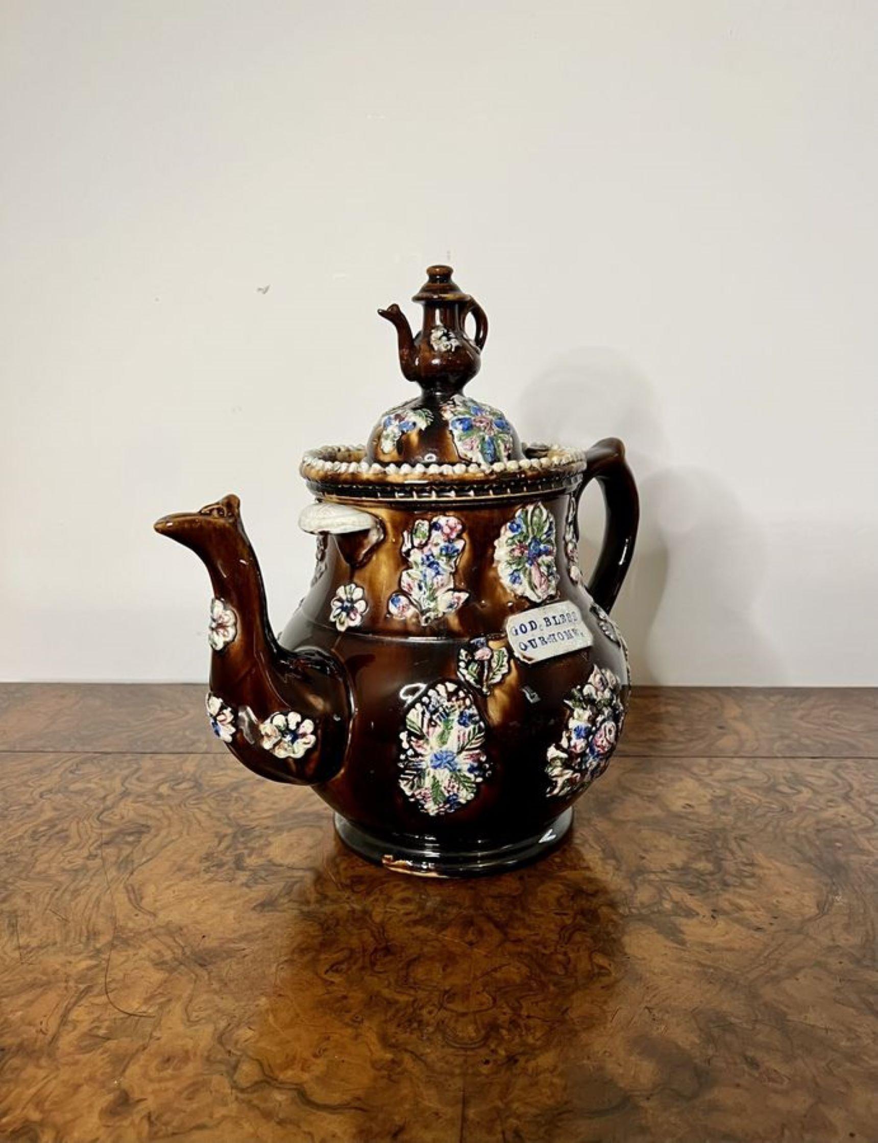 Ceramic Large unusual antique Bargeware tea pot  For Sale