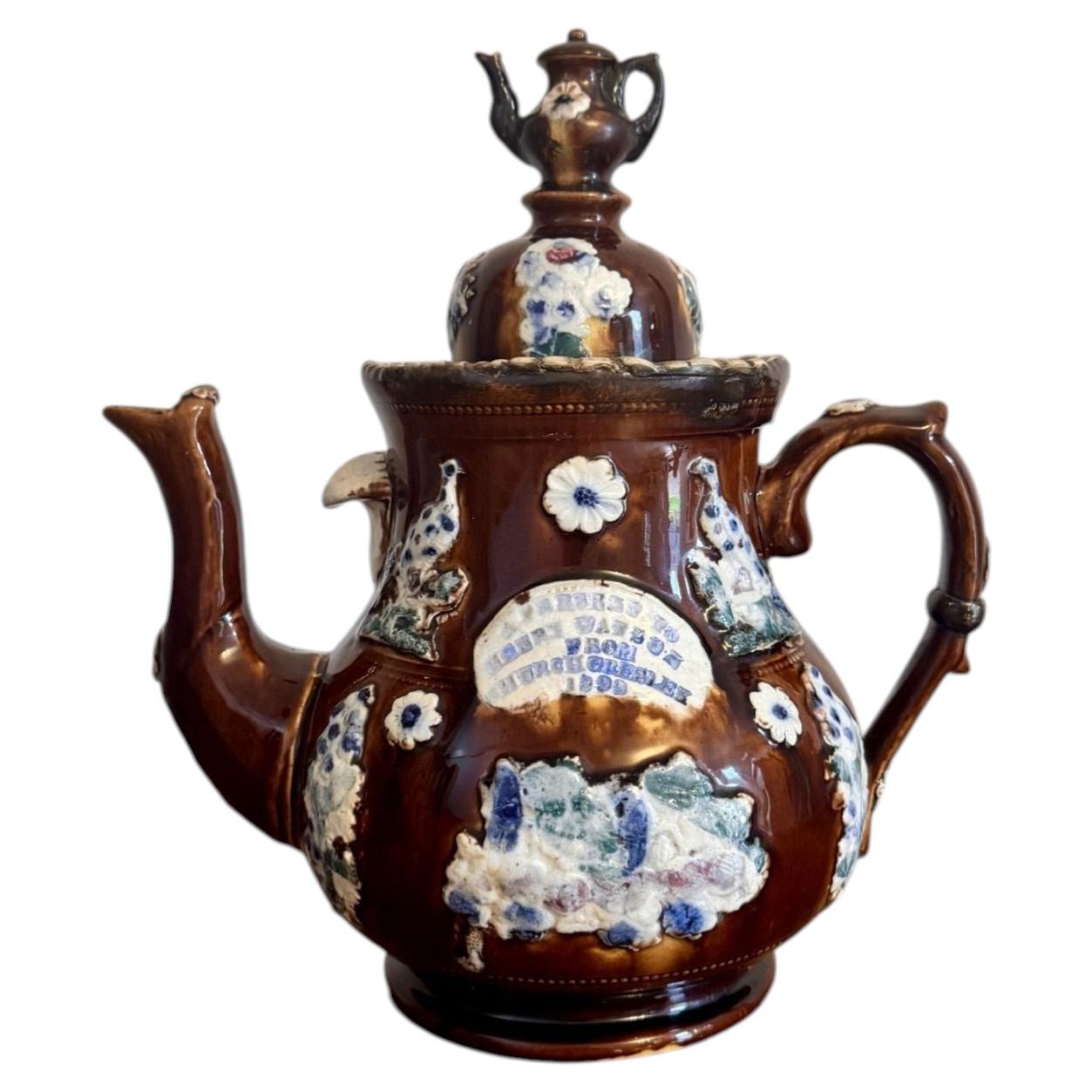 Large unusual antique bargeware tea pot