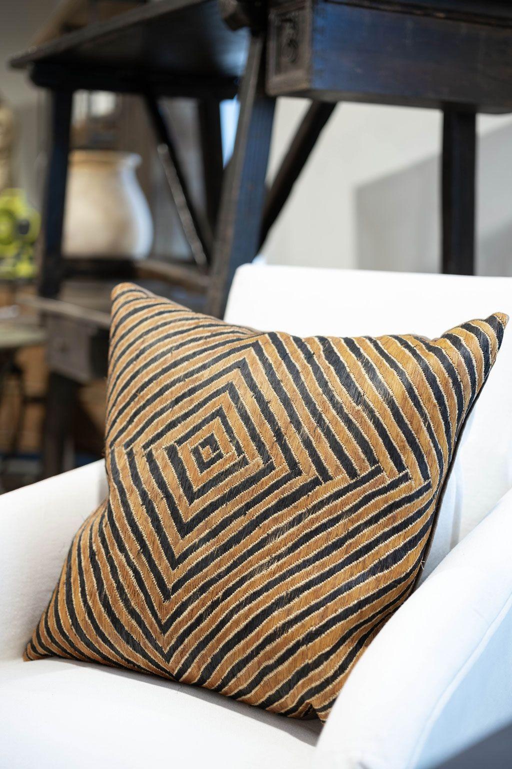 Metal Large Unusual Custom Cushion from Vintage African Kuba Cloth