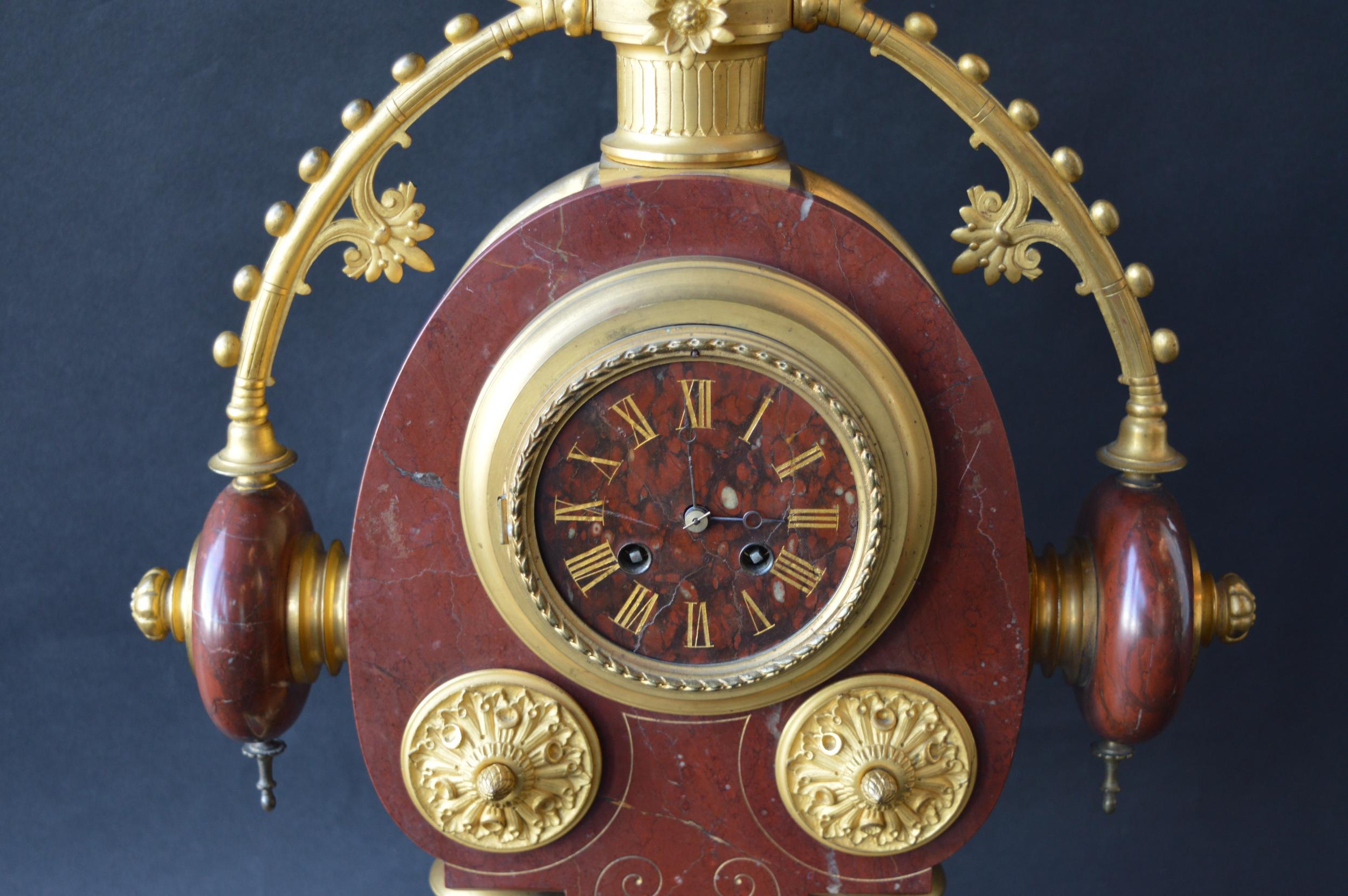 Large Unusual French Neo-Grec Revival Gilt Bronze Mounted Marble Mantle Clock In Good Condition For Sale In Los Angeles, CA