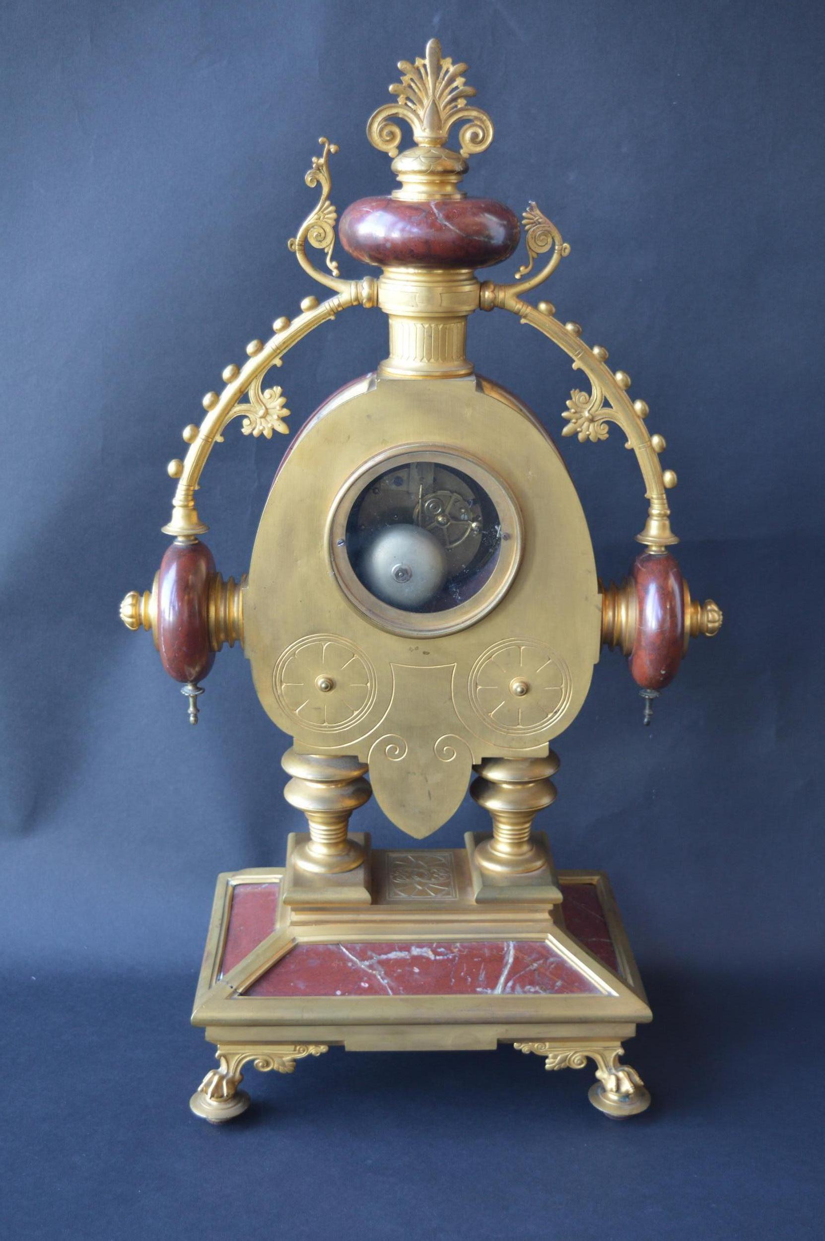 Large Unusual French Neo-Grec Revival Gilt Bronze Mounted Marble Mantle Clock For Sale 2