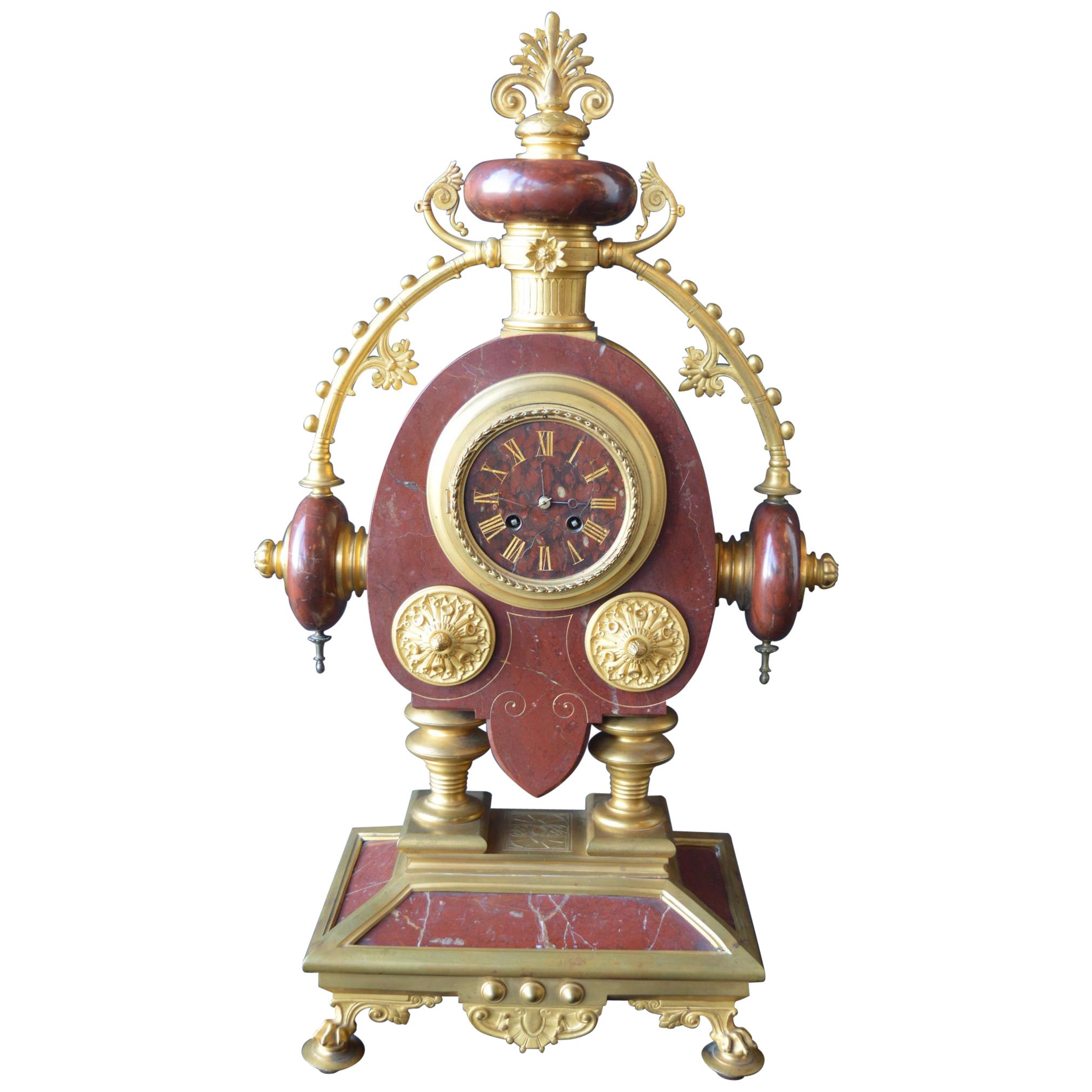 Large Unusual French Neo-Grec Revival Gilt Bronze Mounted Marble Mantle Clock For Sale