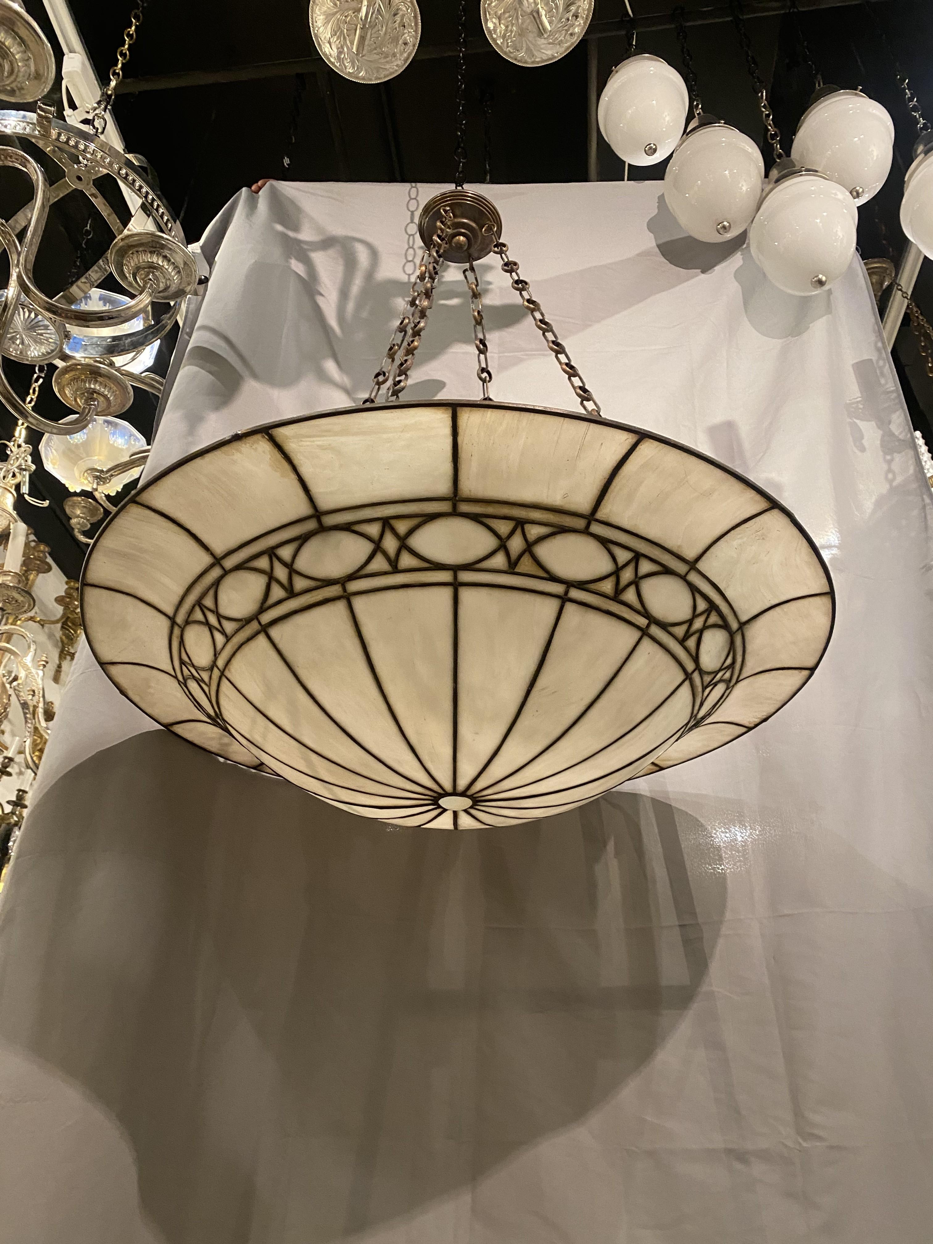 American Large Unusual Leaded Glass Light Fixture For Sale
