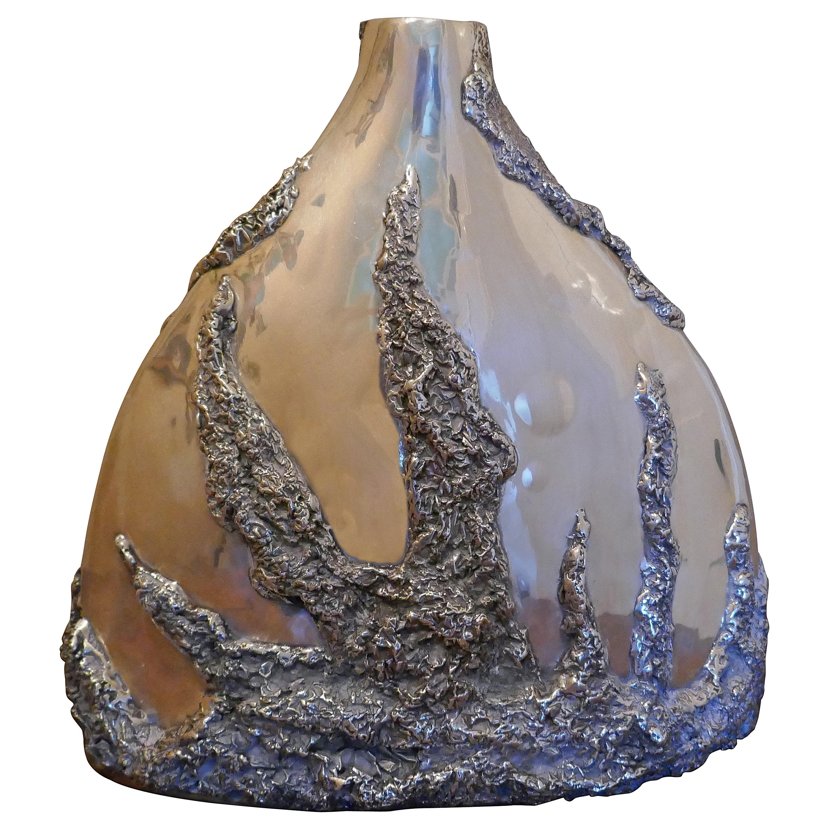 Large Unusual Silver Plated “Volcanic” Vase Signed by Sima Abraham at