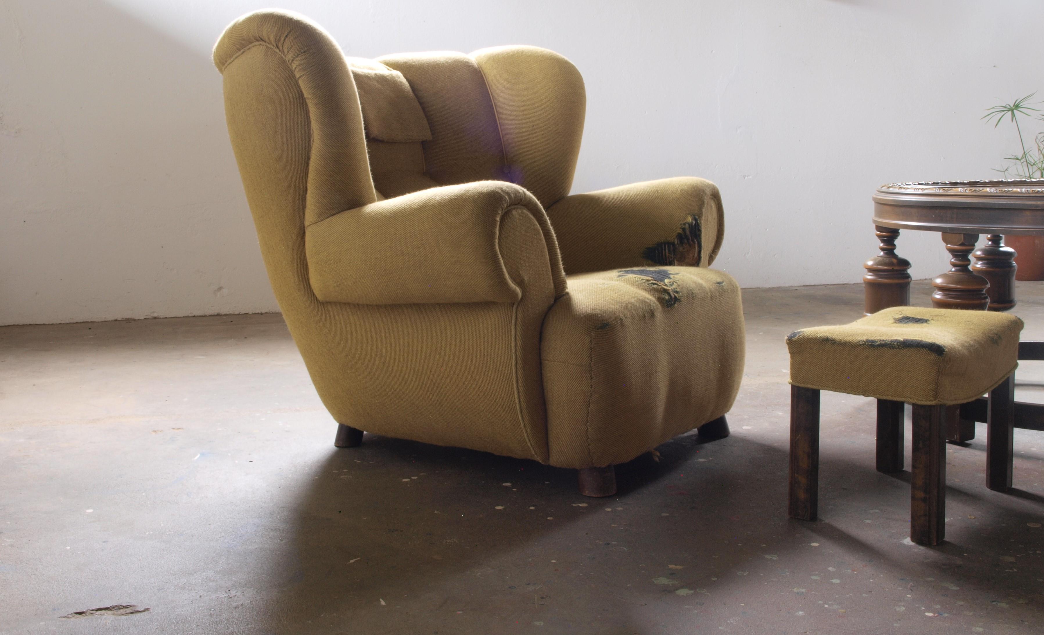 Mid-Century Modern Large upholstered Lounge / Easy Chair From Denmark 1930's For Sale