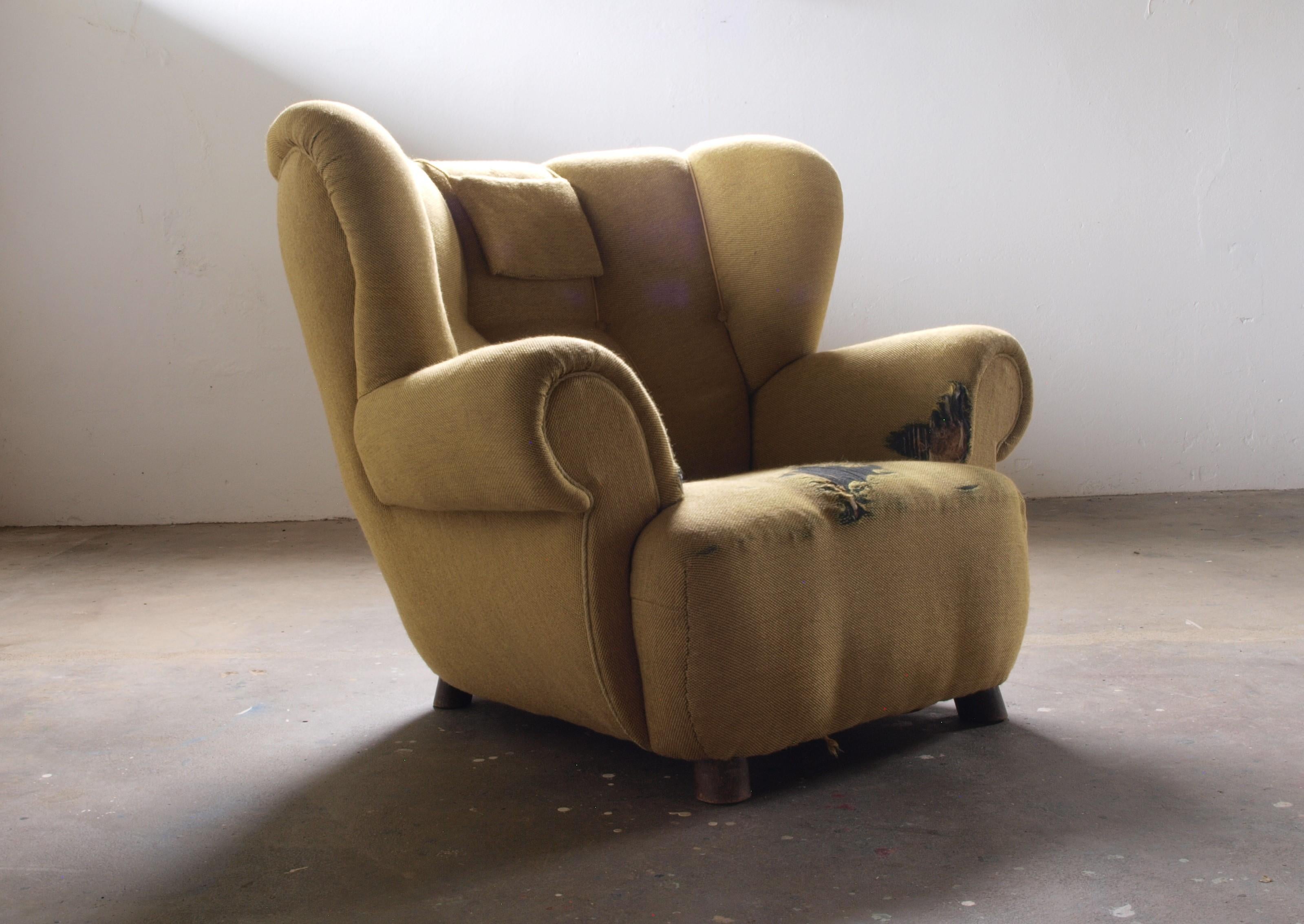 Grand fauteuil rembourré Lounge / Easy Chair Du Danemark 1930's État moyen - En vente à Store Heddinge, DK