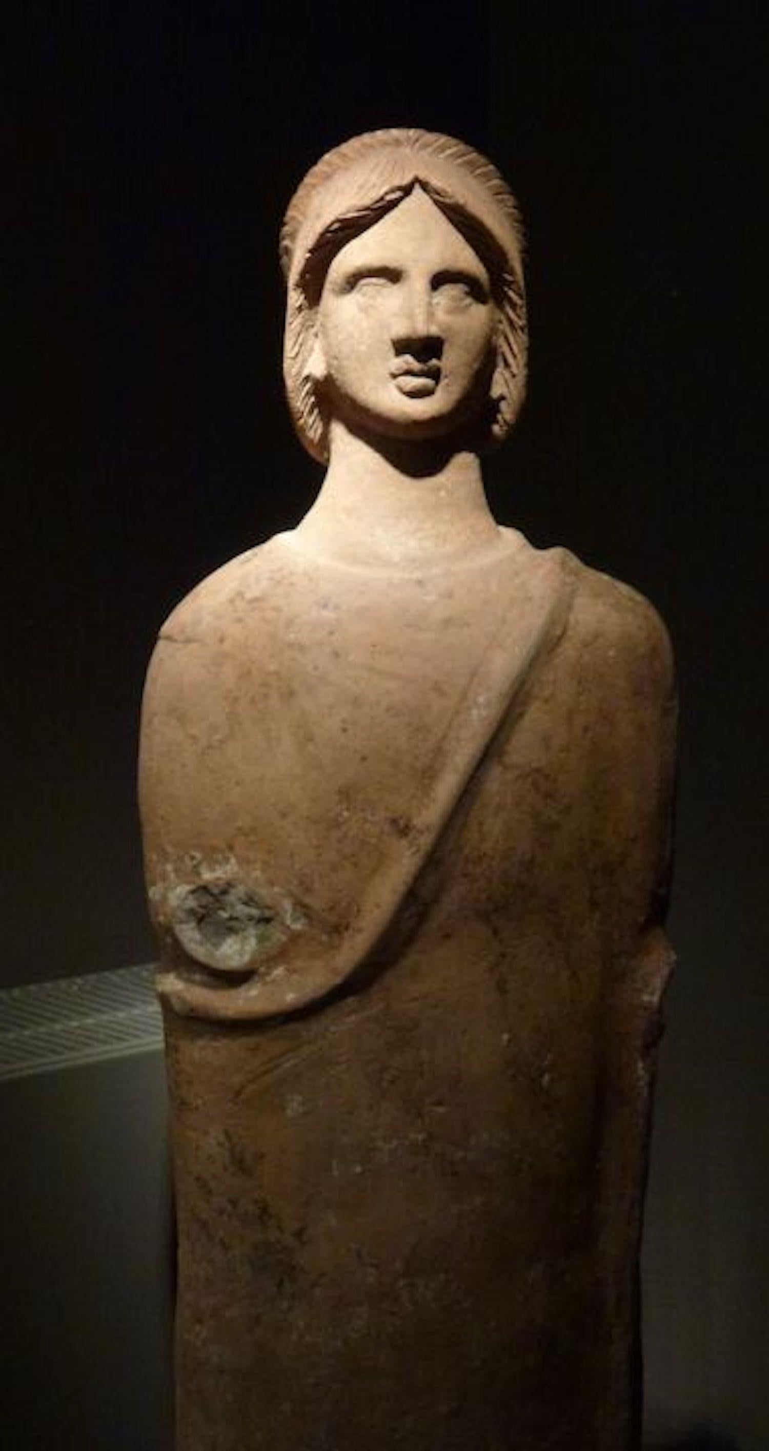 Classical Greek Large Upright Terracotta Votive Statue Youth Etruscan, circa 3rd-2nd Century BC