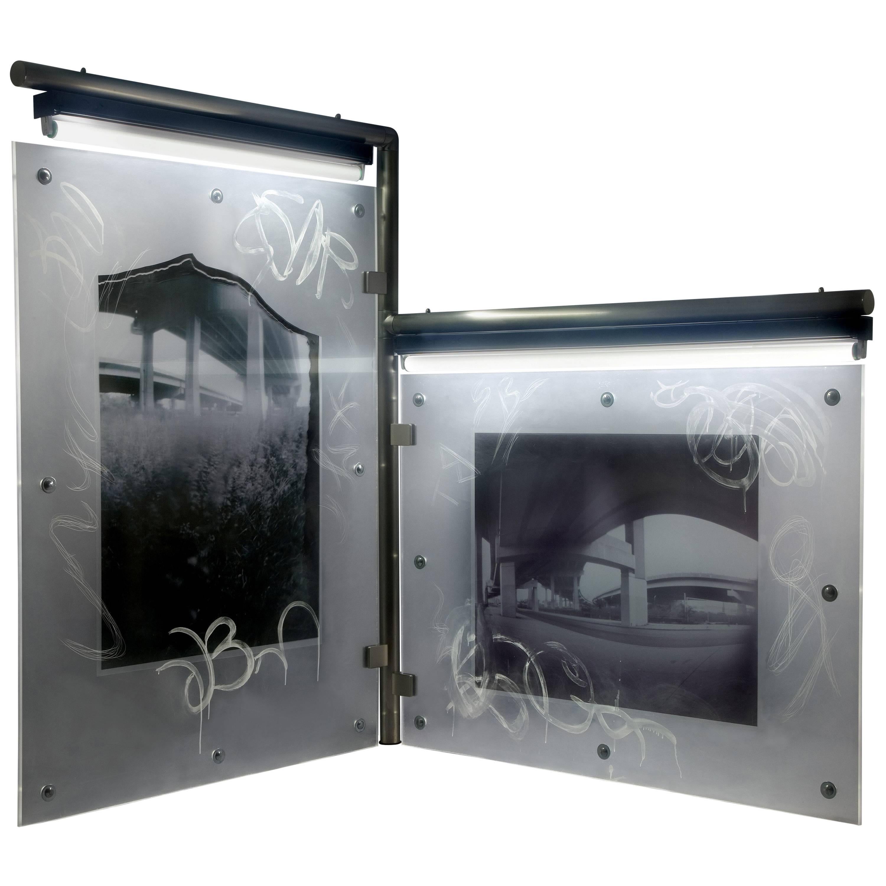 Large Urban Industrial Art Sculpture w/ Photo Transparency & Lucite "Diptych 1" For Sale