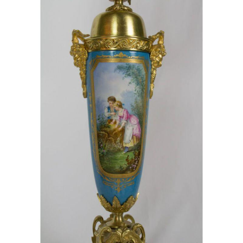 Rococo Large Urn Form French Gilt Bronze and Turquoise Porcelain Candelabra For Sale