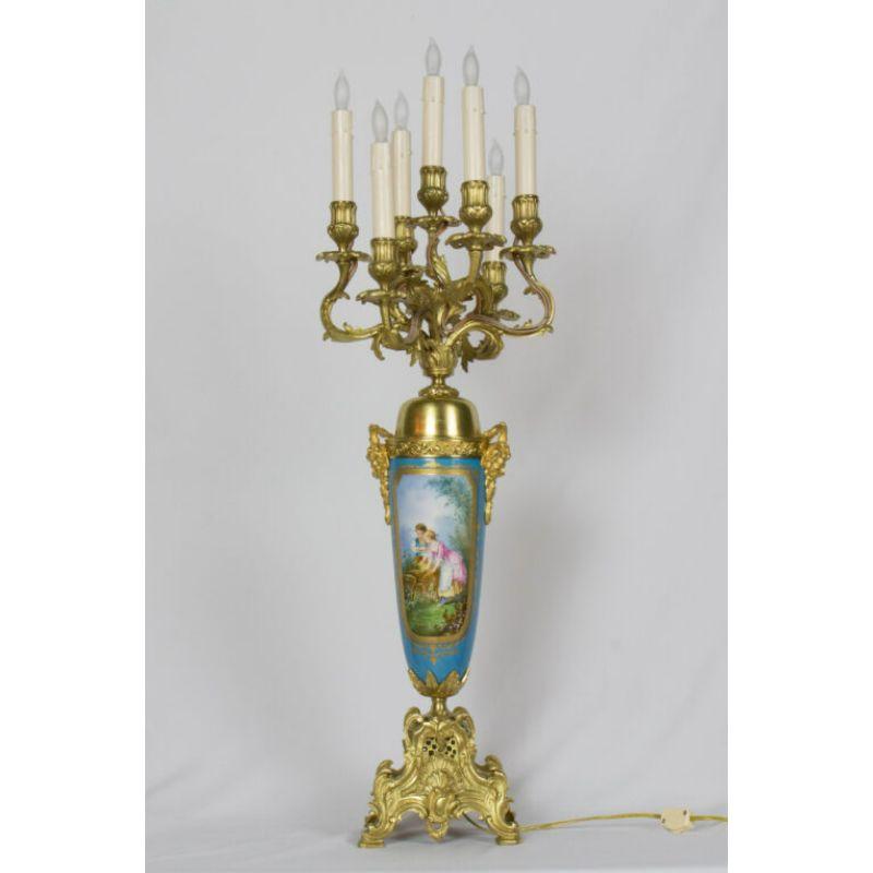 Large Urn Form French Gilt Bronze and Turquoise Porcelain Candelabra In Excellent Condition For Sale In Canton, MA