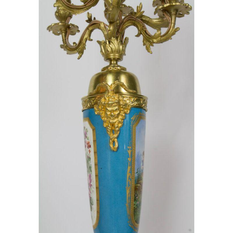 19th Century Large Urn Form French Gilt Bronze and Turquoise Porcelain Candelabra For Sale