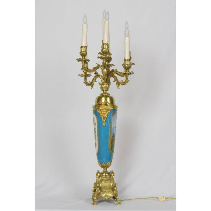 Large Urn Form French Gilt Bronze and Turquoise Porcelain Candelabra For Sale 1