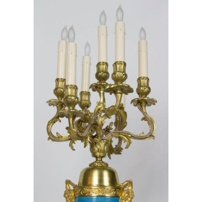 Large Urn Form French Gilt Bronze and Turquoise Porcelain Candelabra For Sale 3