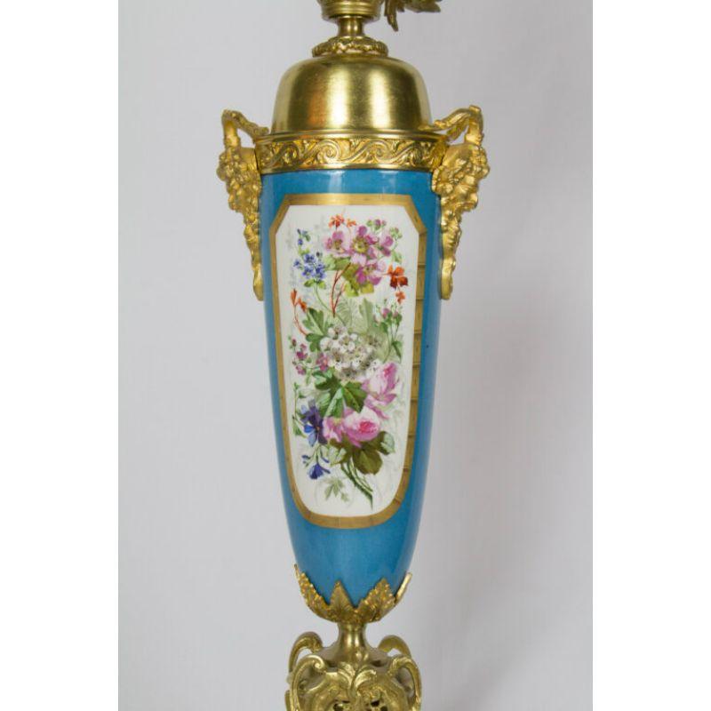 Large Urn Form French Gilt Bronze and Turquoise Porcelain Candelabra For Sale 4