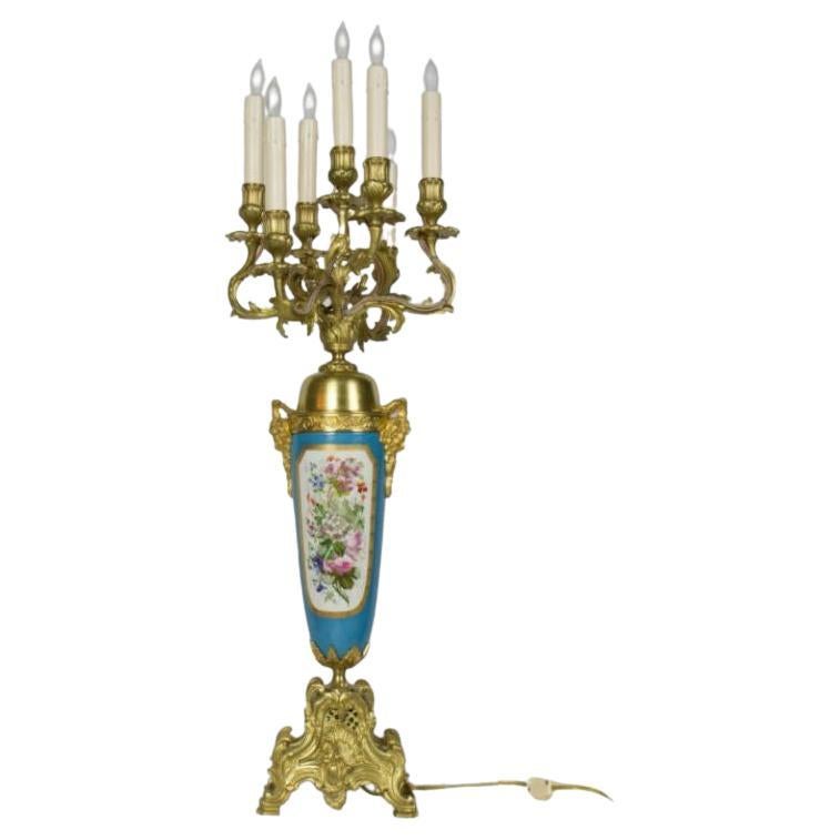 Large Urn Form French Gilt Bronze and Turquoise Porcelain Candelabra