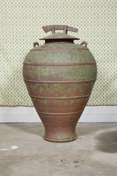 Large Urn Shaped Clay Jar with Lid, Stamped