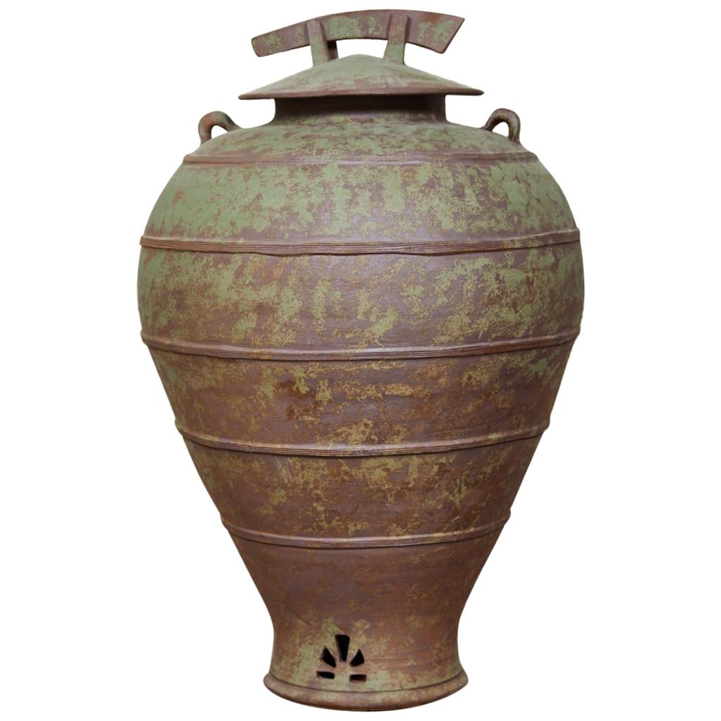 Large Urn Shaped Clay Jar with Lid, Stamped For Sale