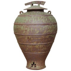 Vintage Large Urn Shaped Clay Jar with Lid, Stamped