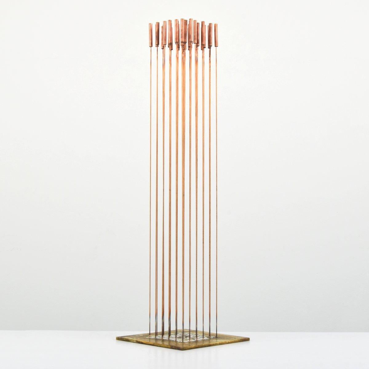 Large sound sculpture by Val Bertoia (American, b. 1949). Thirty-six rod sounding sculpture is number B-2130, titled Spaced Out Sounds From Cat-tails. Custom-built wood storage box is included. Sculpture is accompanied by a Certificate of