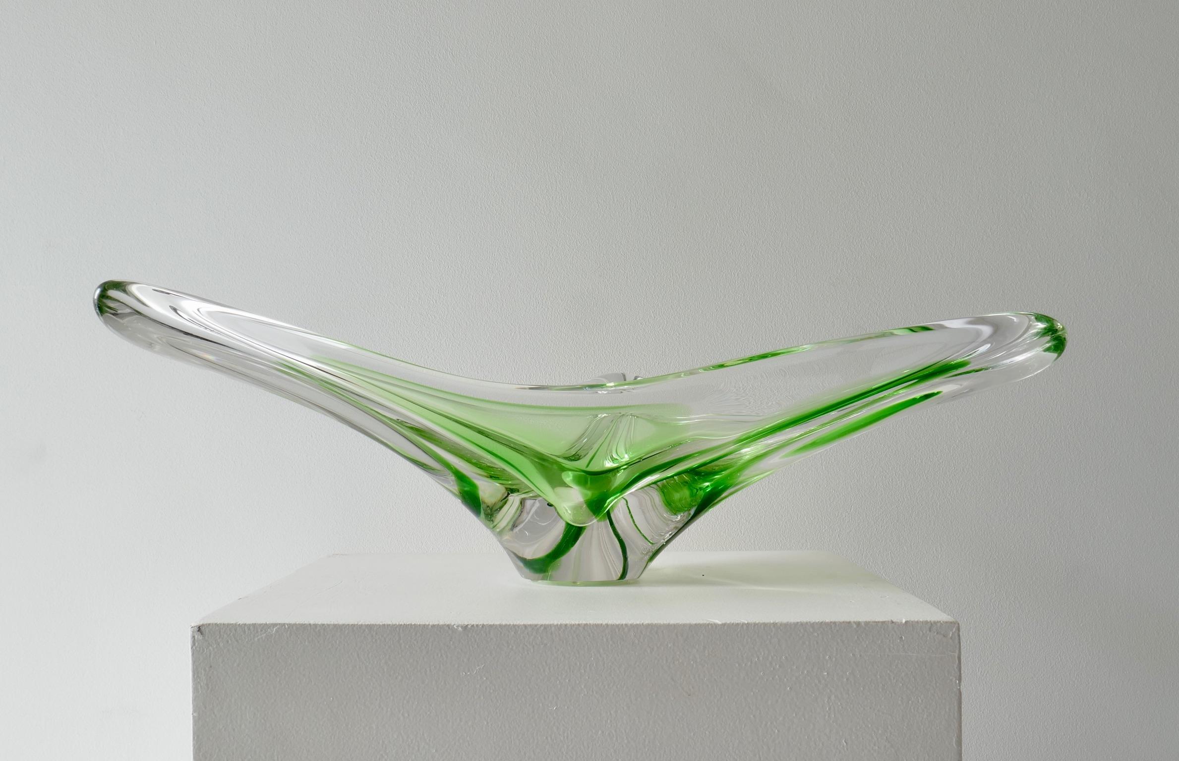 Mid-Century Modern Large Val Saint Lambert Art Glass Green Centerpiece or Vide-Poche, 1950s