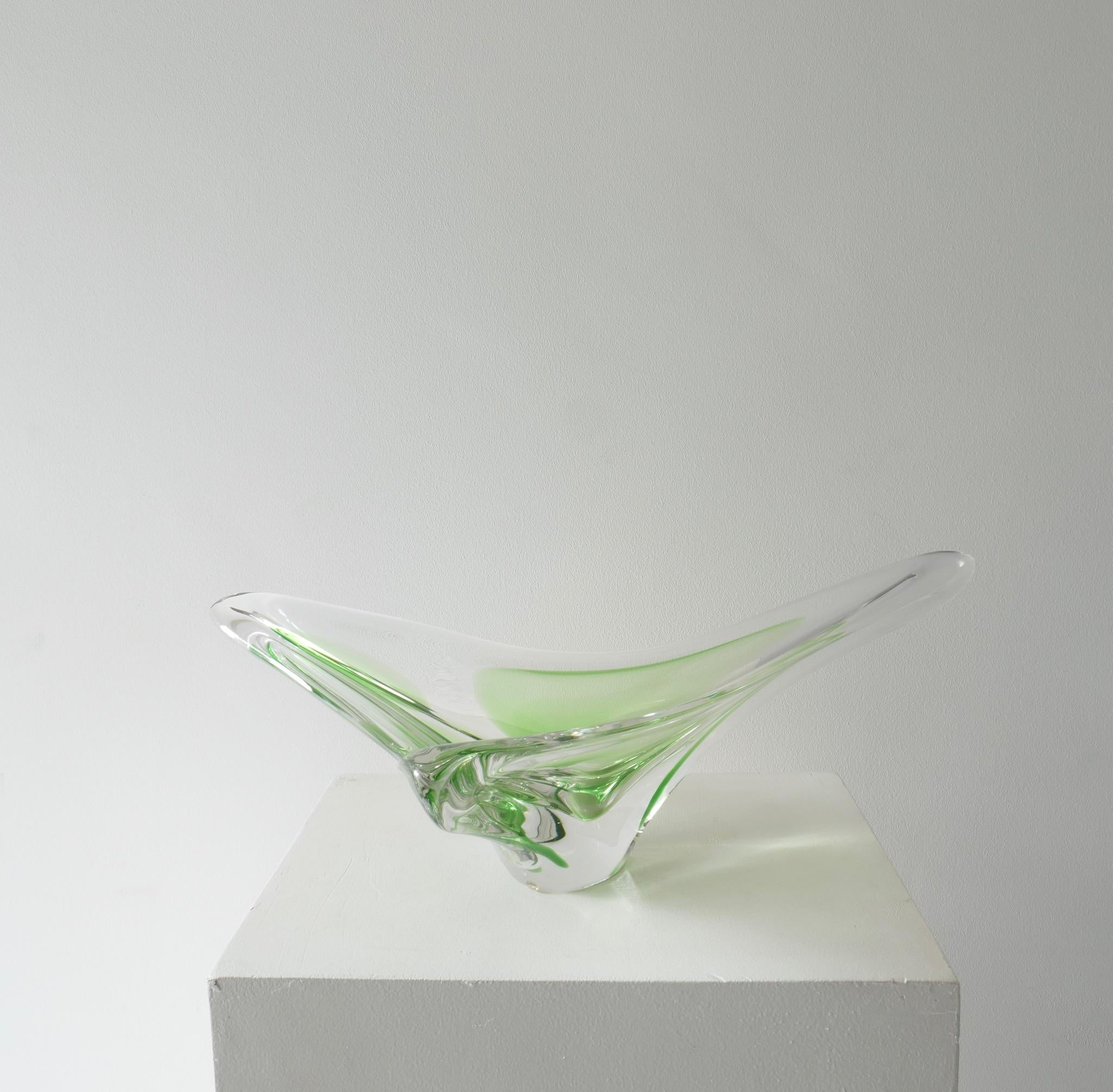 Belgian Large Val Saint Lambert Art Glass Green Centerpiece or Vide-Poche, 1950s