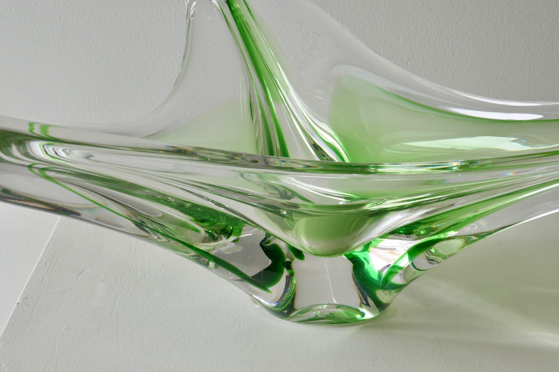Large Val Saint Lambert Art Glass Green Centerpiece or Vide-Poche, 1950s 3