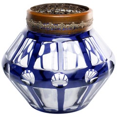 Large Val Saint Lambert Cut to Blue Rose Bowl