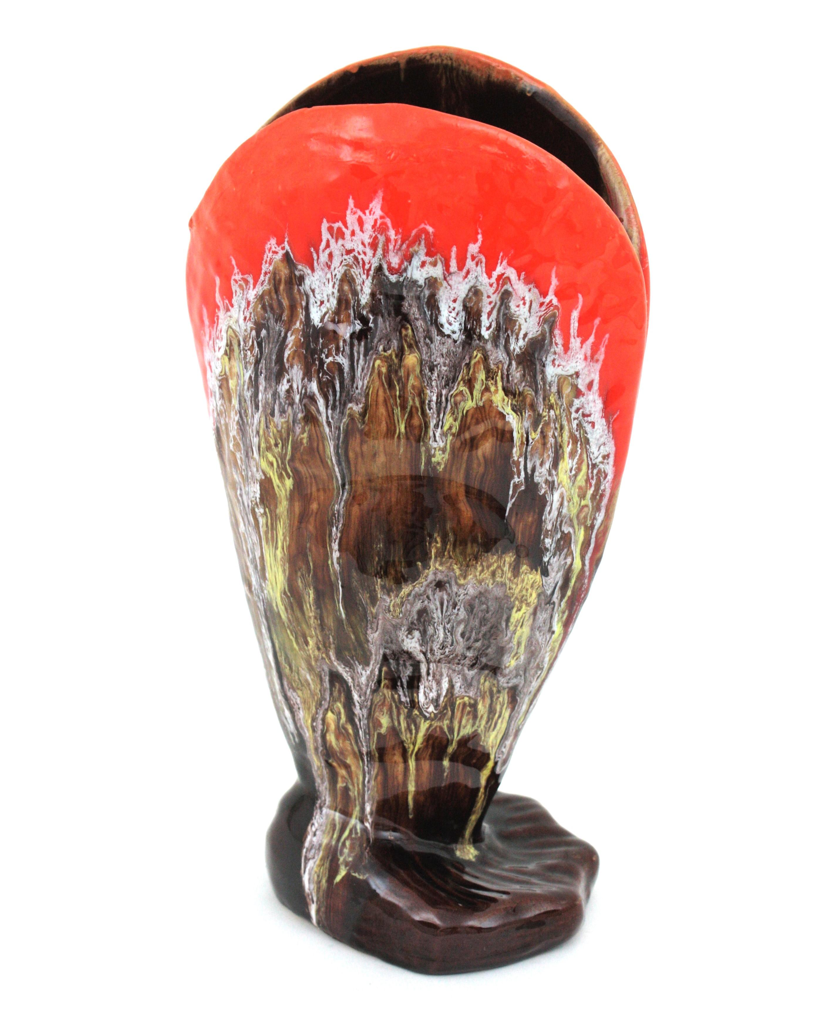 Mid-Century Modern Large Vallauris Majolica Shell Shaped Vase, Orange and Brown Glazed Ceramic For Sale