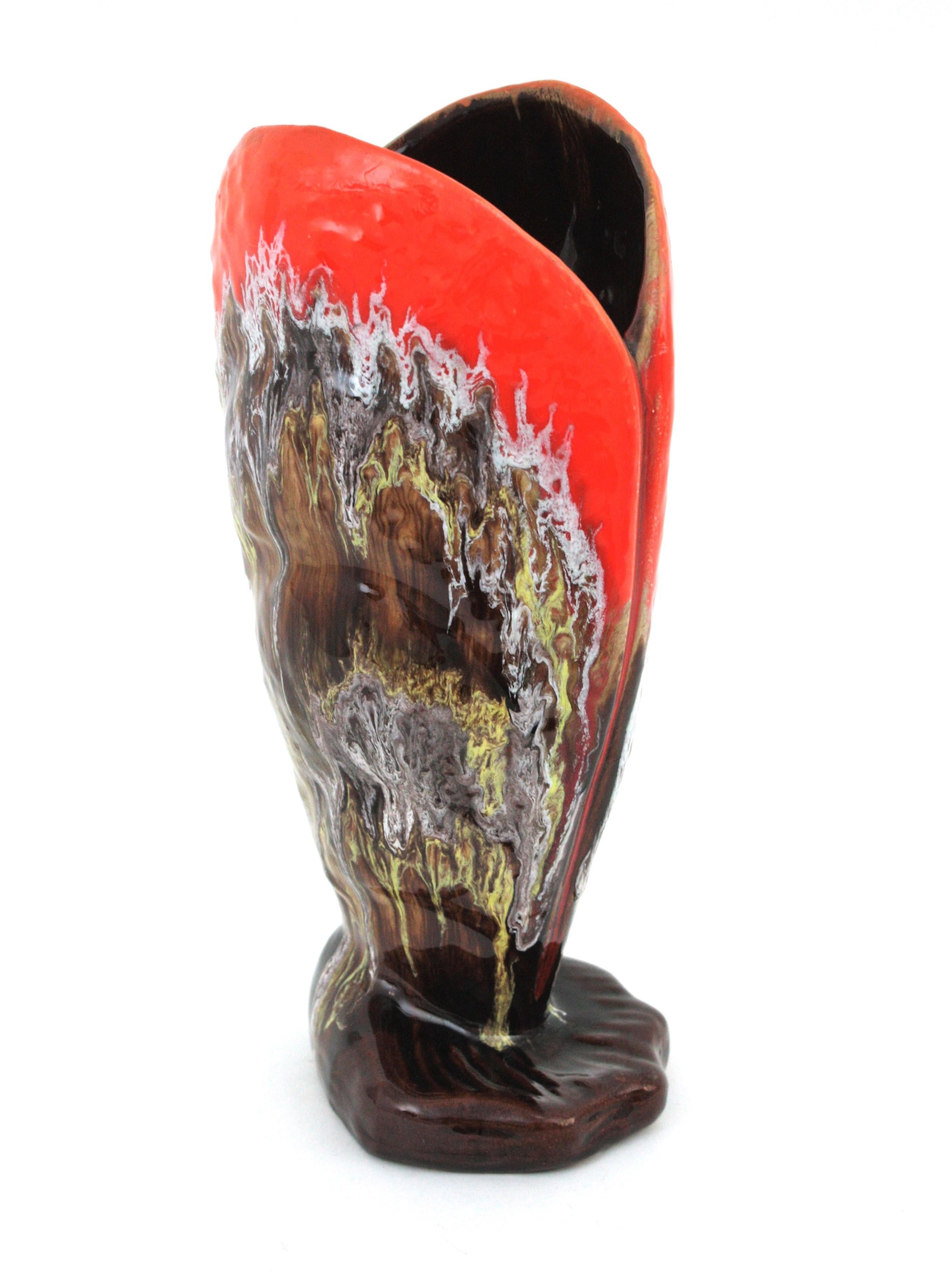 French Large Vallauris Majolica Shell Shaped Vase, Orange and Brown Glazed Ceramic For Sale