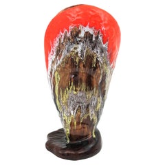 Large Vallauris Shell Vase in Orange and Brown Majolica Ceramic