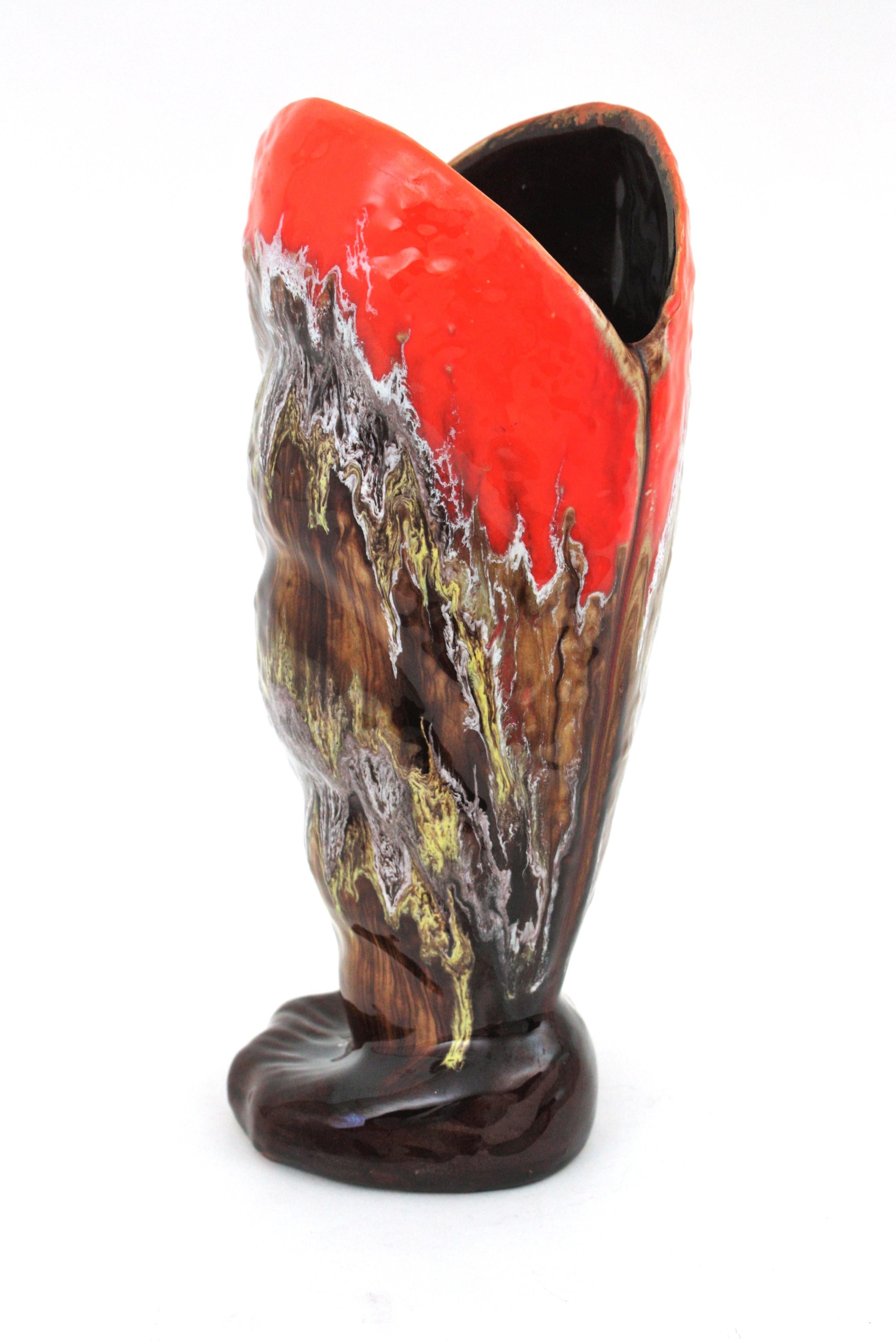 20th Century Large Vallauris Majolica Shell Shaped Vase, Orange and Brown Glazed Ceramic For Sale