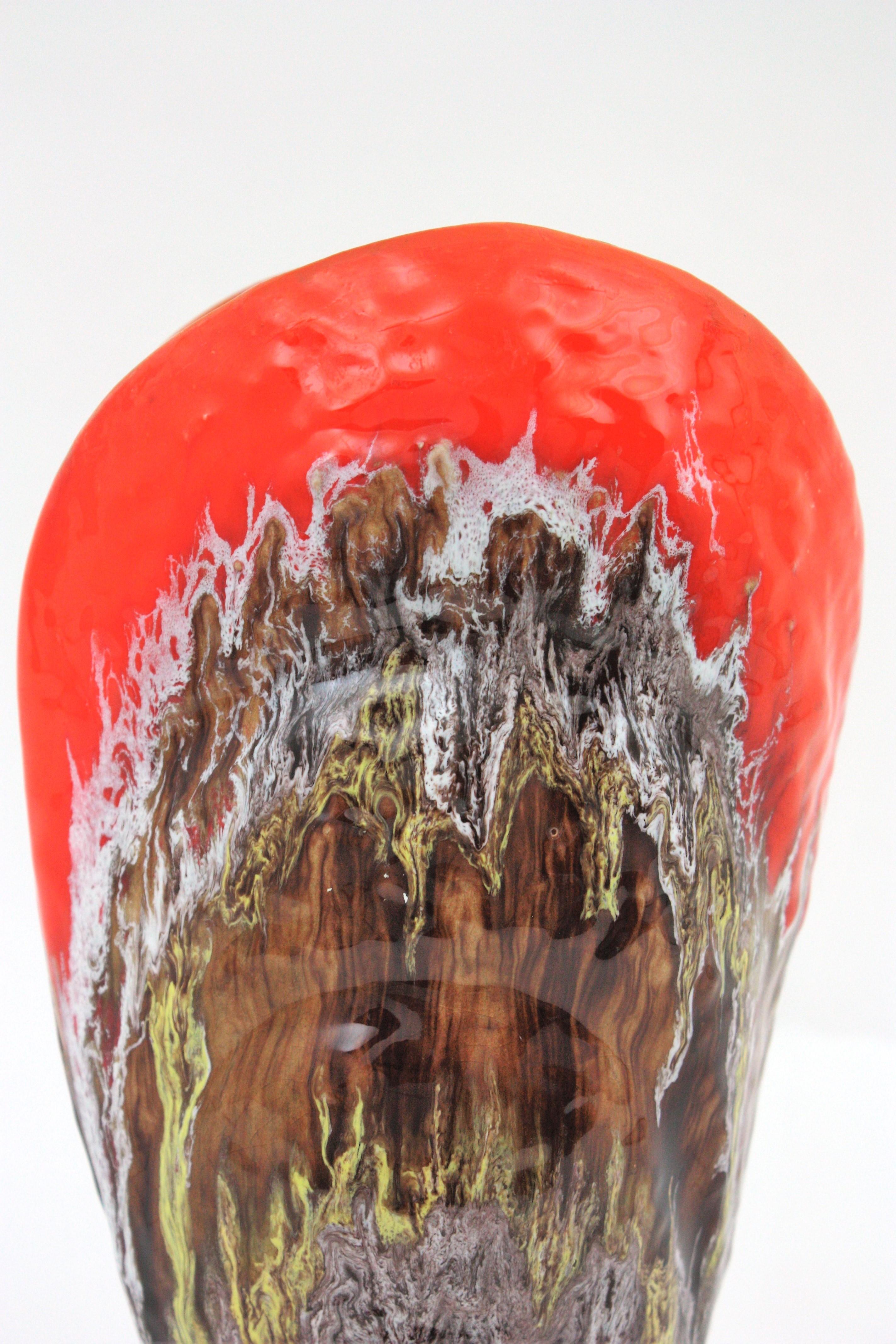 Large Vallauris Majolica Shell Shaped Vase, Orange and Brown Glazed Ceramic For Sale 2