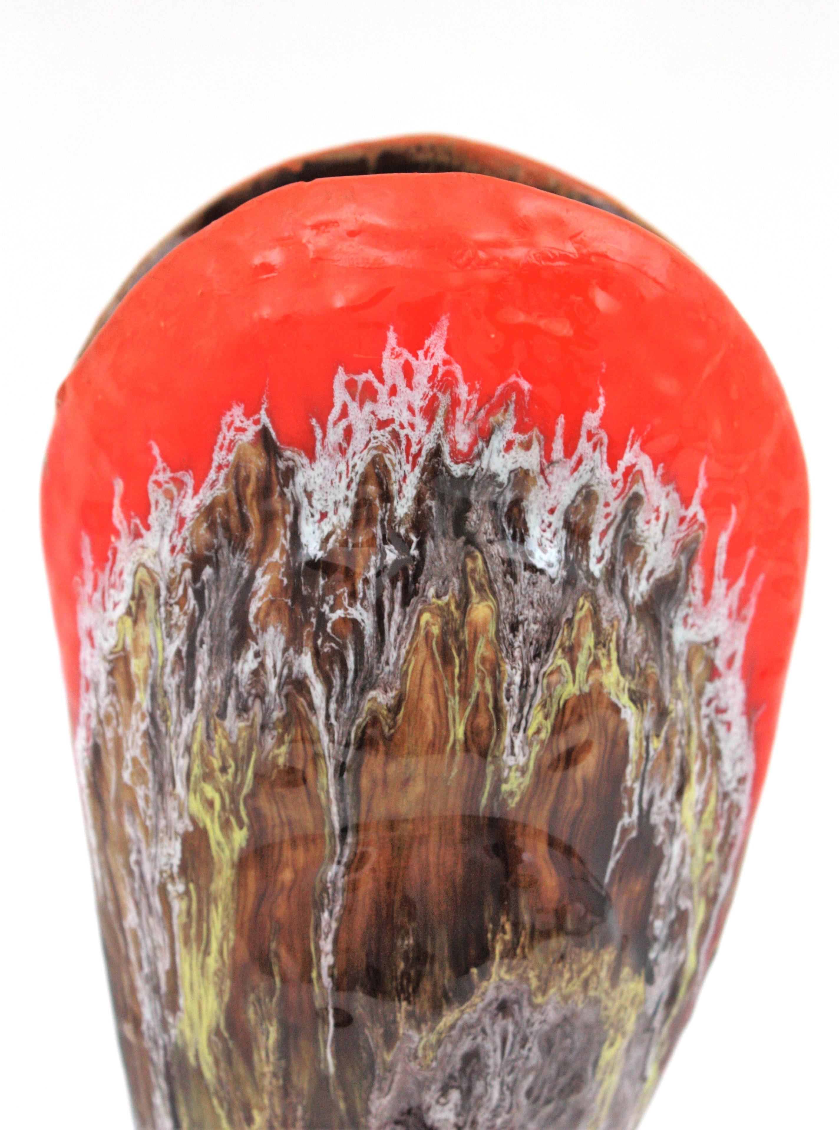 Large Vallauris Majolica Shell Shaped Vase, Orange and Brown Glazed Ceramic For Sale 2