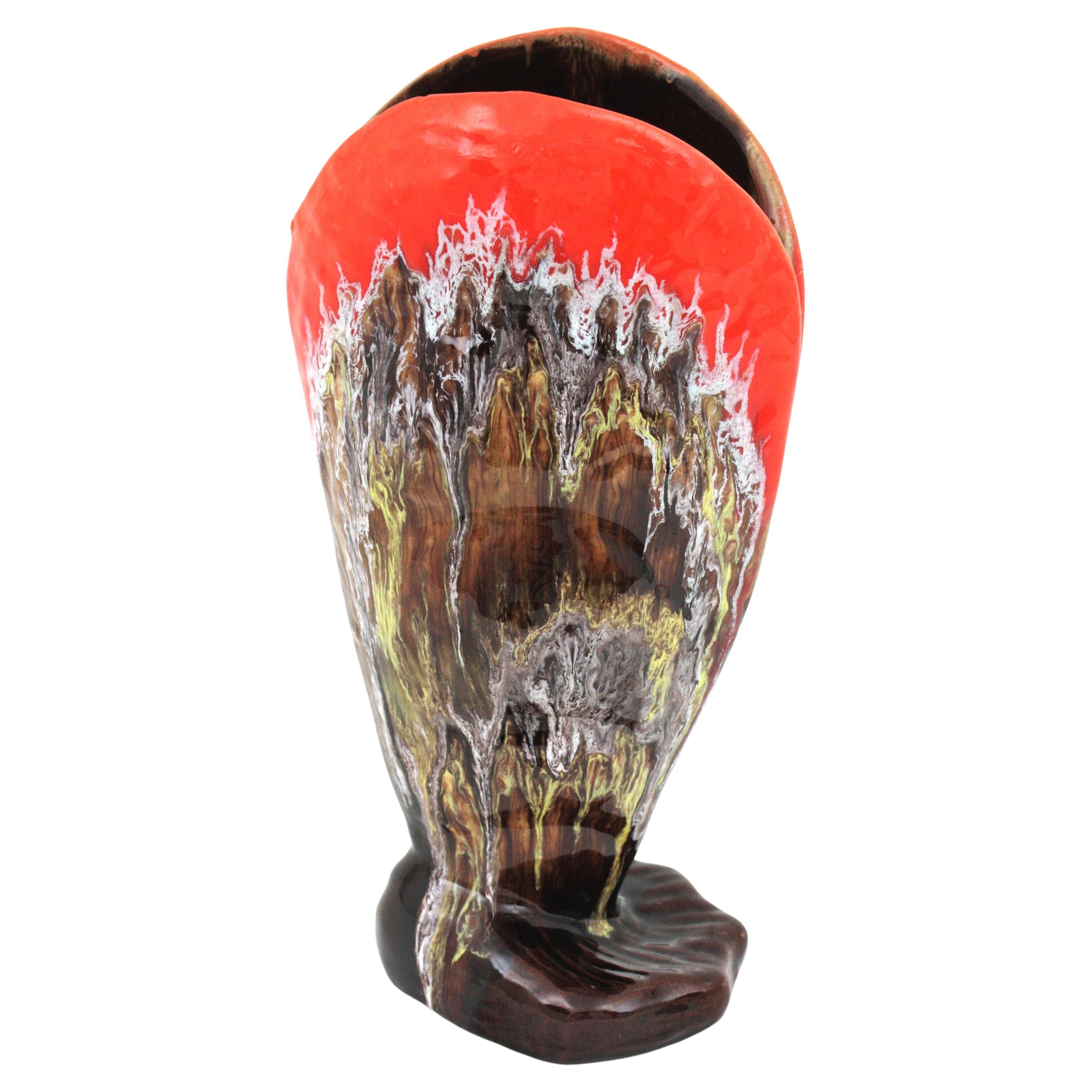 Large Vallauris Majolica Shell Shaped Vase, Orange and Brown Glazed Ceramic For Sale
