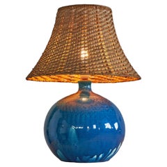 Large Vallauris Studio Pottery Table Lamp with Rattan Shade 1970s