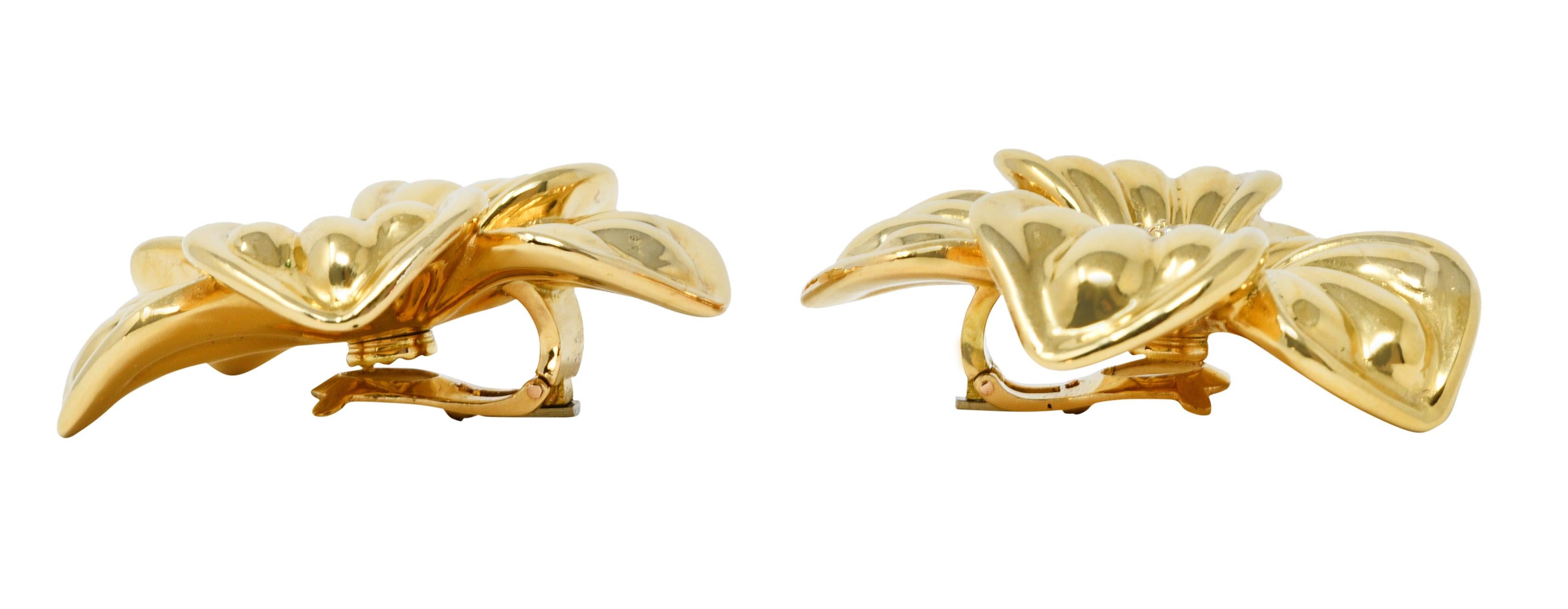 Women's or Men's Large Van Cleef & Arpels French Diamond 18 Karat Gold Magnolia Ear-Clip Earrings