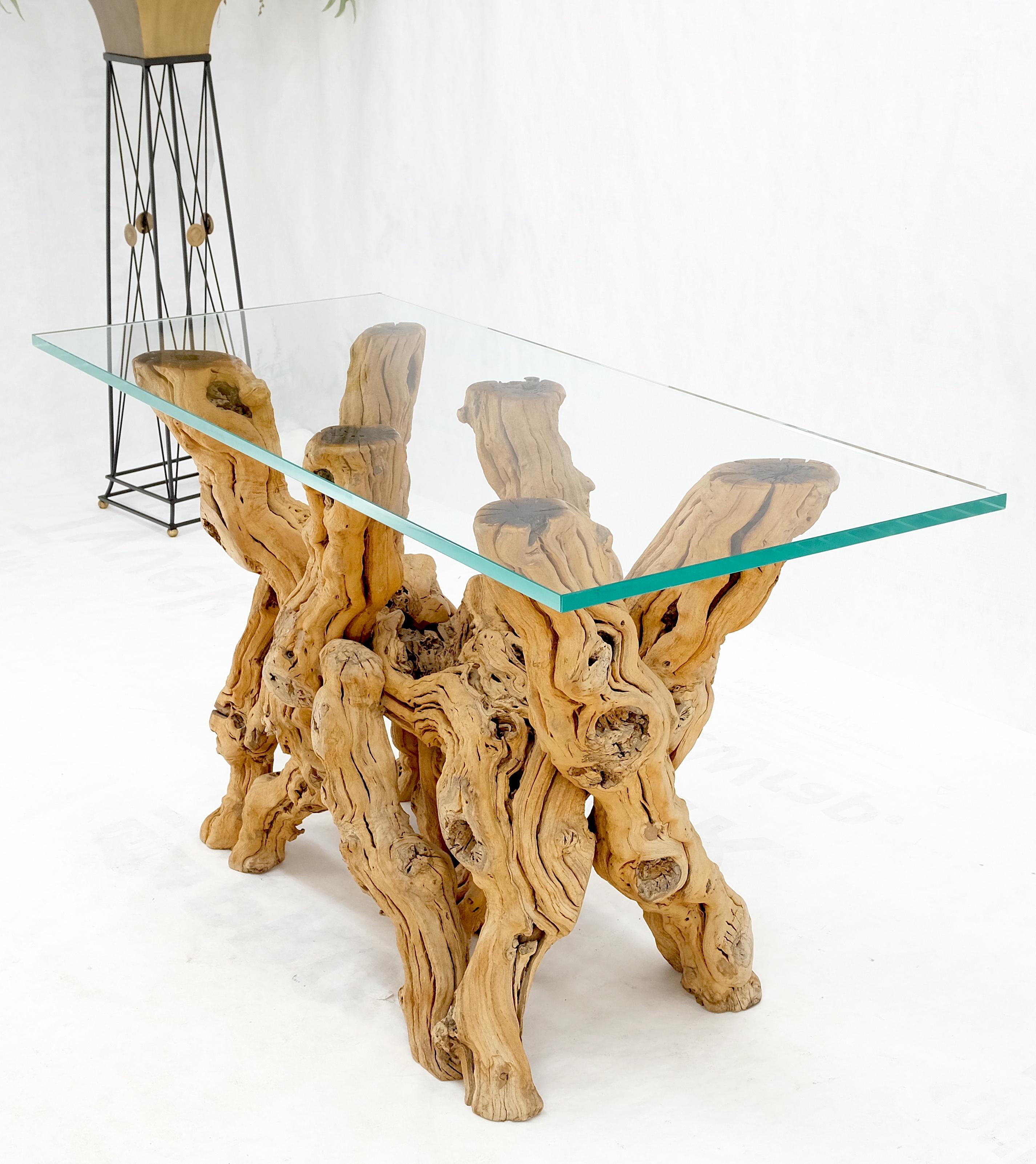 Large Varnished Driftwood Organic Base Rectangle  Glass Top Console Table MINT! For Sale 4