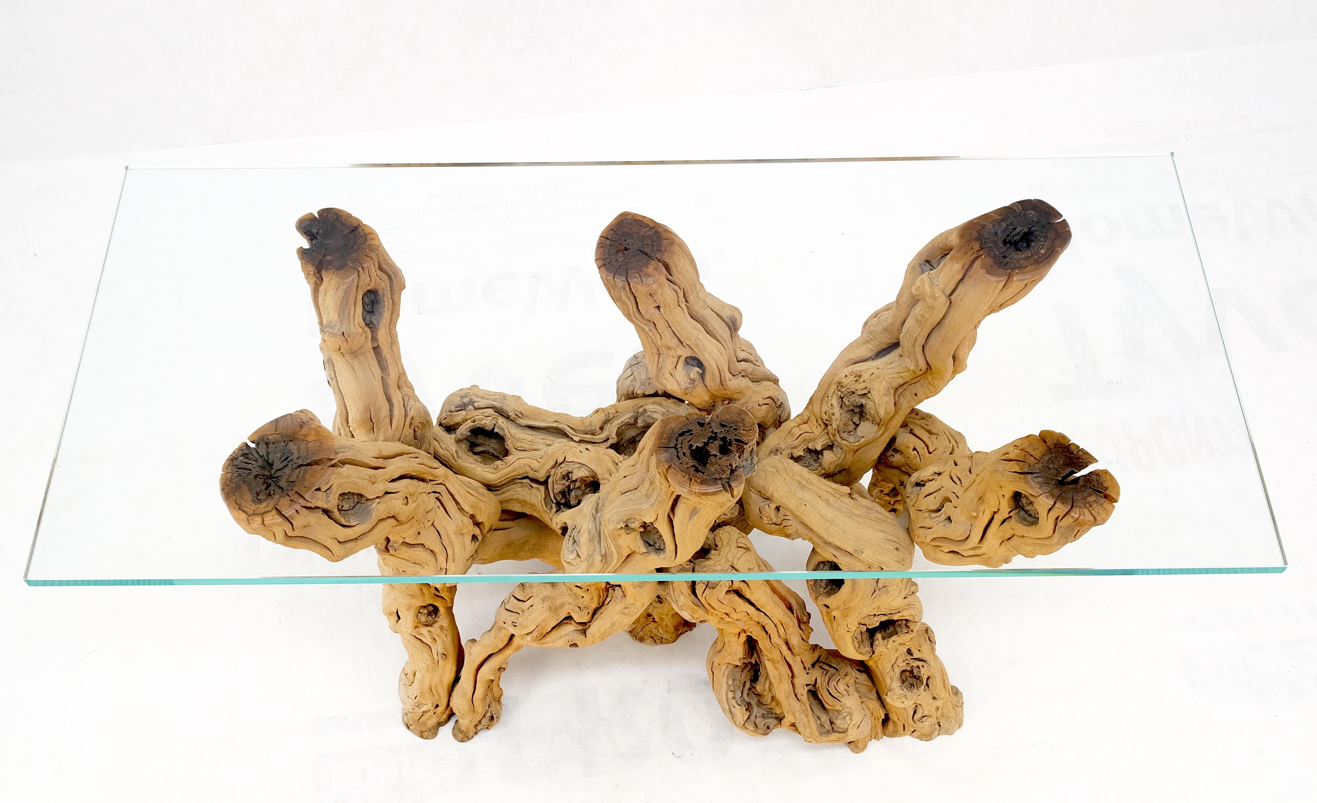 Large Varnished Driftwood Organic Base Rectangle  Glass Top Console Table MINT! For Sale 4