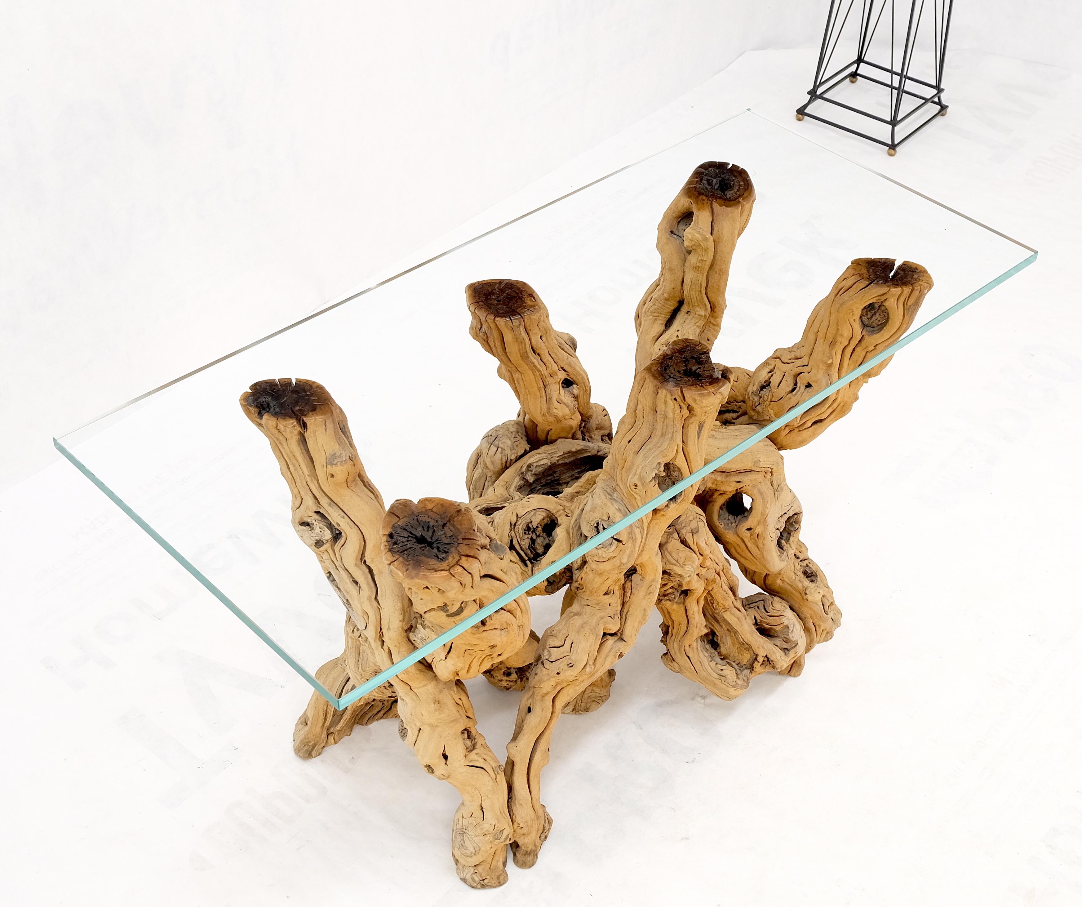 Large Varnished Driftwood Organic Base Rectangle  Glass Top Console Table MINT! For Sale 5