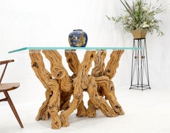 Large Varnished Driftwood Organic Base Rectangle  Glass Top Console Table MINT!